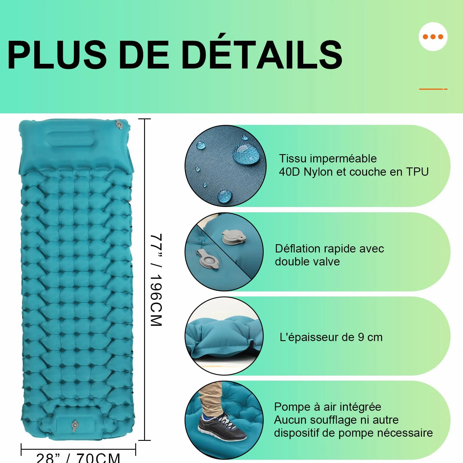 Matelas de Camping Autogonflant Ultraléger avec Pompe à Pied Portable pour Randonnée