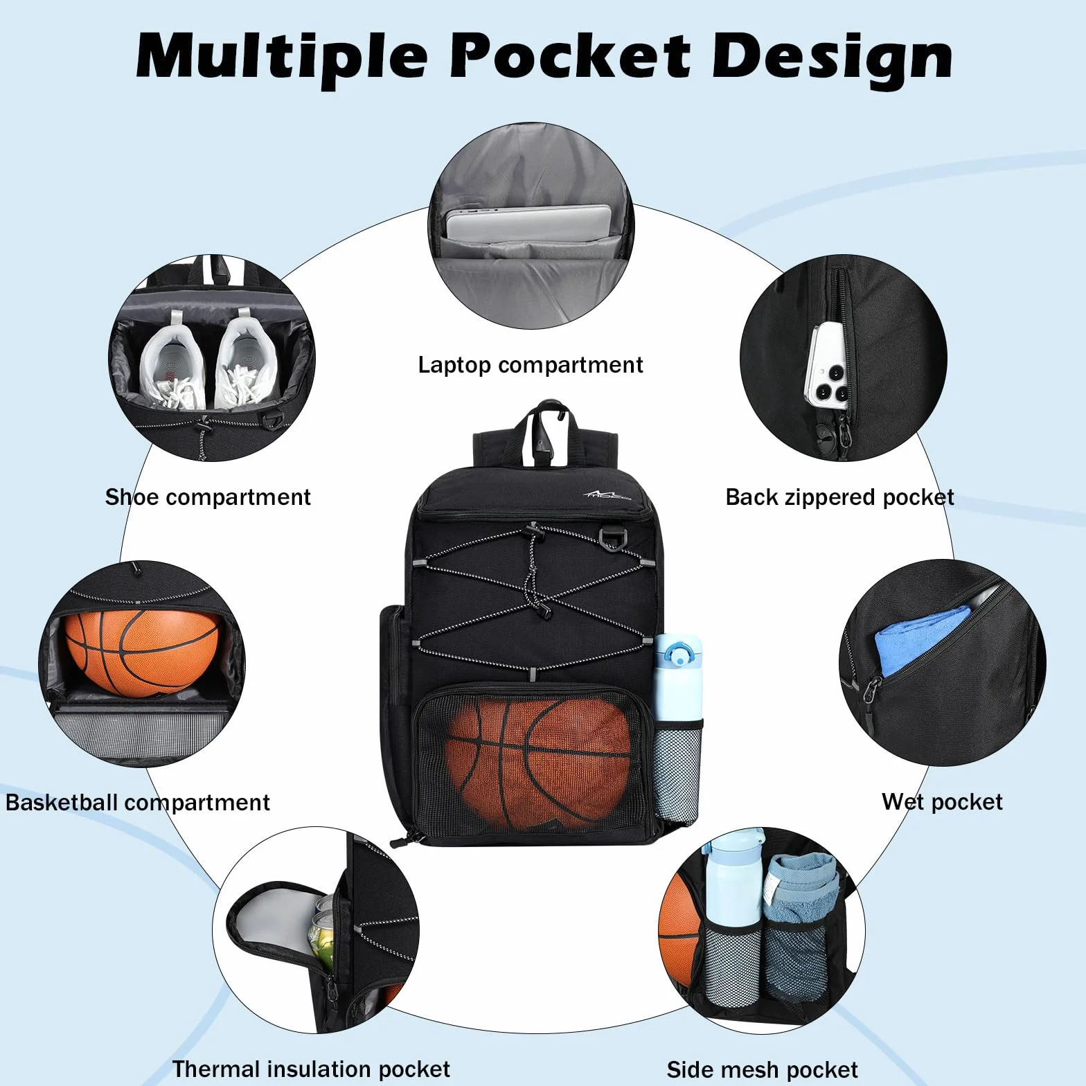 MoKo Sac de basket-ball avec sac à chaussures respirant, plusieurs poches et crochet de clôture caché