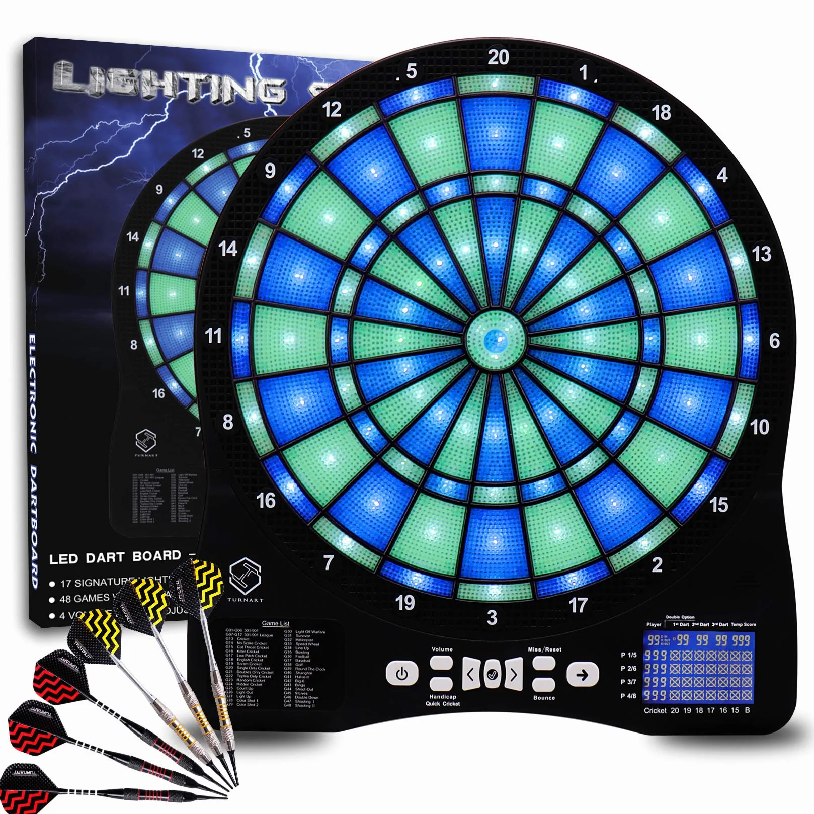 Turnart Jeu de Fléchette Électronique Lumineux Cible 6 Fléchettes Pointe Plastique 50 Pointes Souples 48 Jeux Principaux 500 Variations