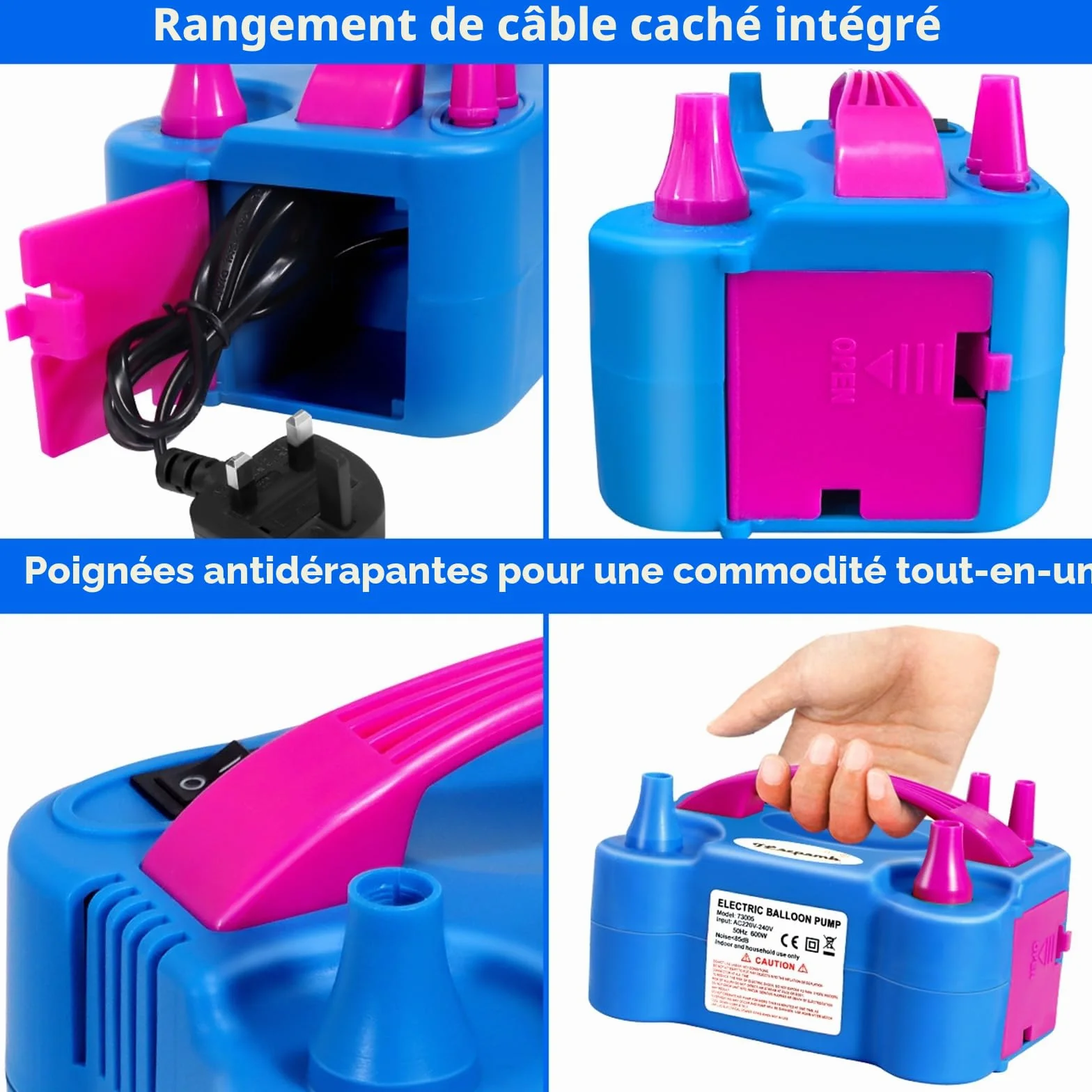 Pompe à Ballons électrique 600W, Gonfleur Ballon Portable avec Plusieurs Buses, 2 Modes