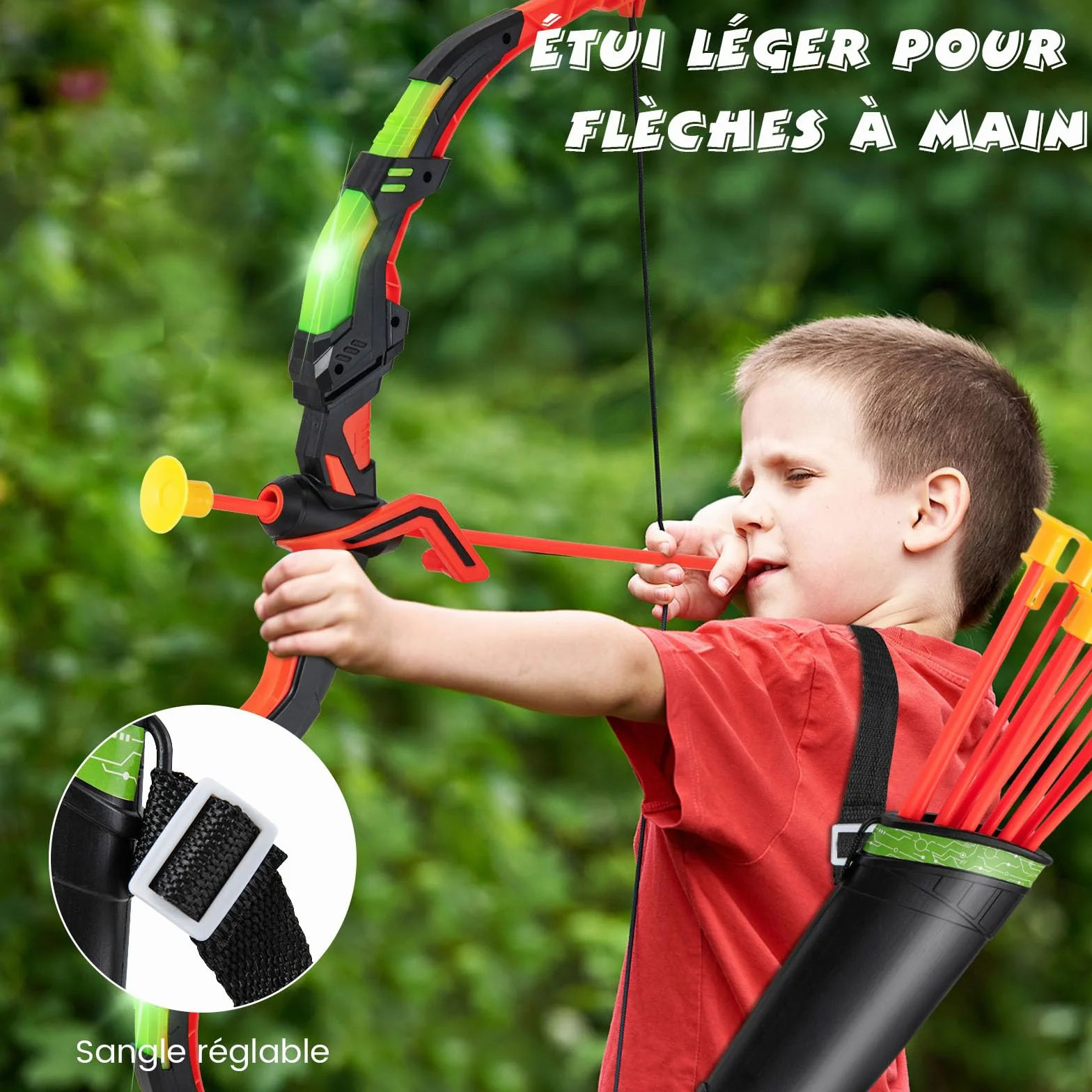 GOPLUS Arcs et Flèches Enfants, Ensemble Tir à l'arc LED avec 20 Flèches à Ventouse, 2 Carquois, Cible détachable
