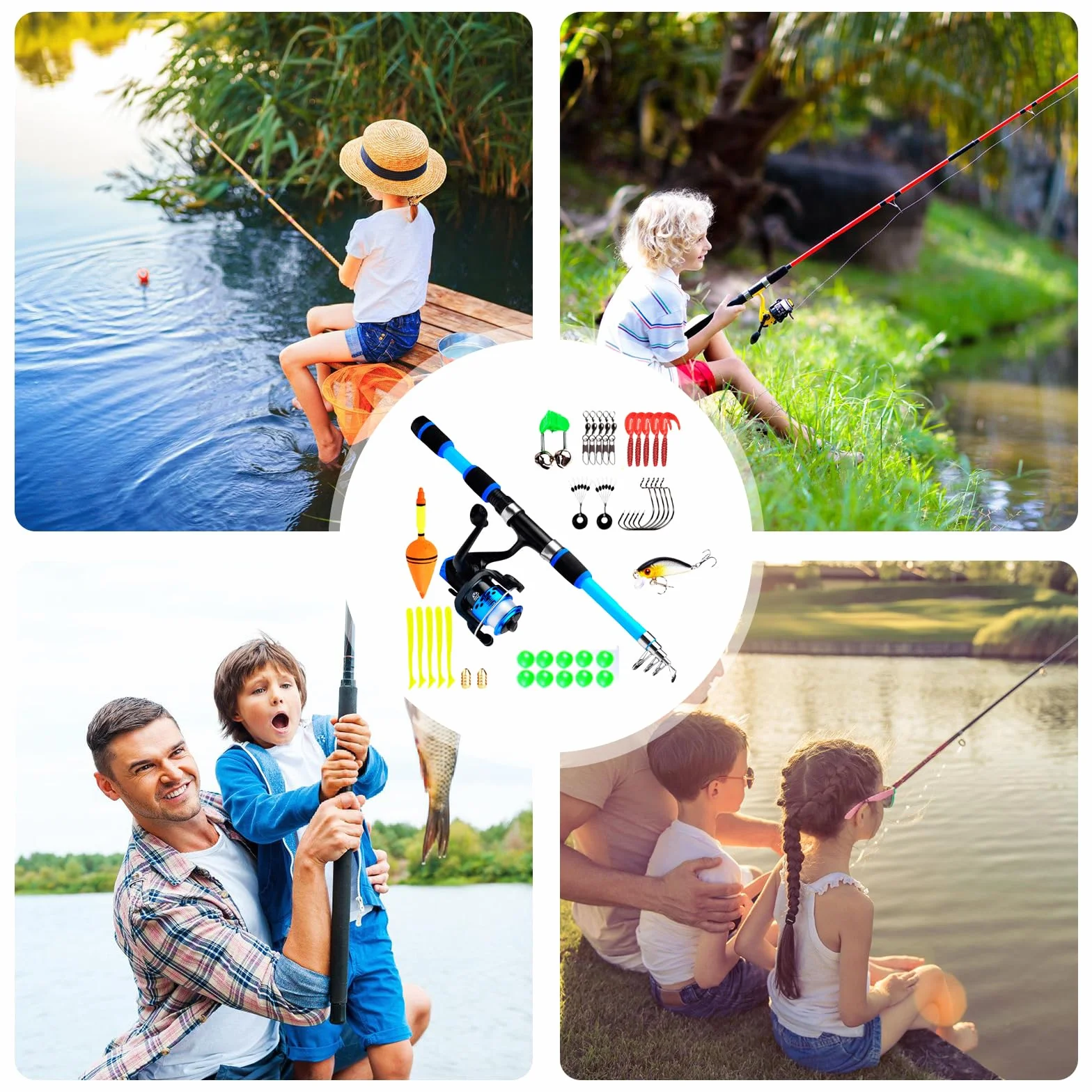Kit de pêche pour enfants canne télescopique 1,8 m moulinet appât 3-10 ans