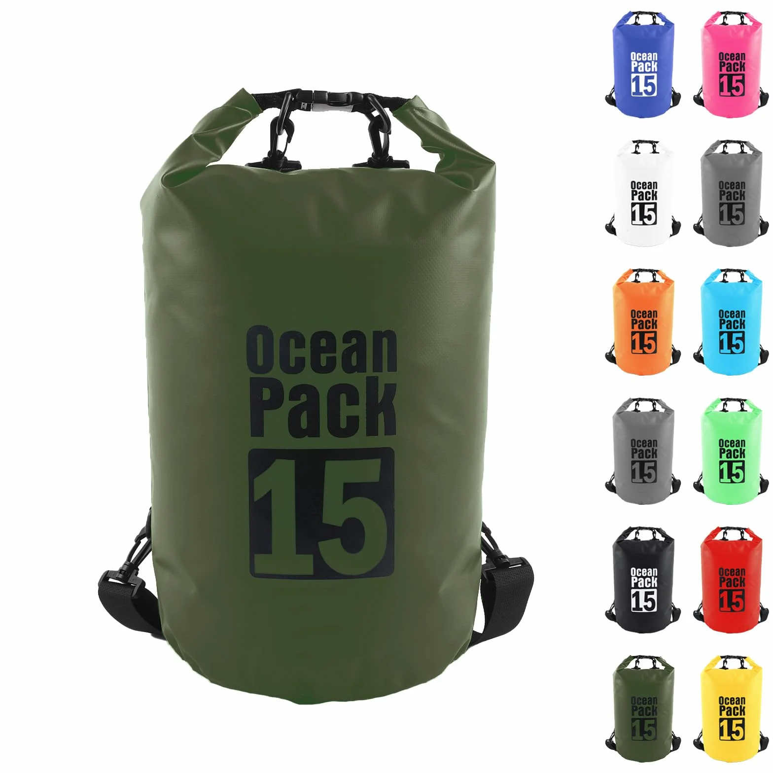 15L Sac étanche Polyvalent Vert Sauge, Waterproof Dry Bag avec Bandoulière Réglable pour Bateau Kayak Camping