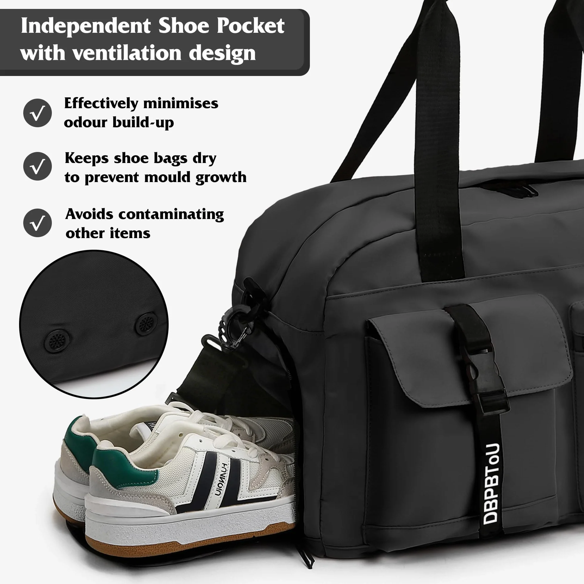 Sac de Sport Femme Homme avec Compartiment à Chaussures, Sac de Voyage Imperméable Noir