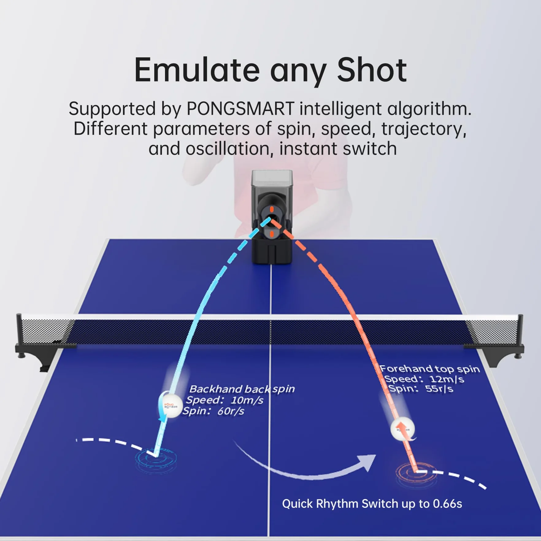 PongBot Robot de tennis de table avec contrôle à distance et application, entraînement 264, essorage réglable