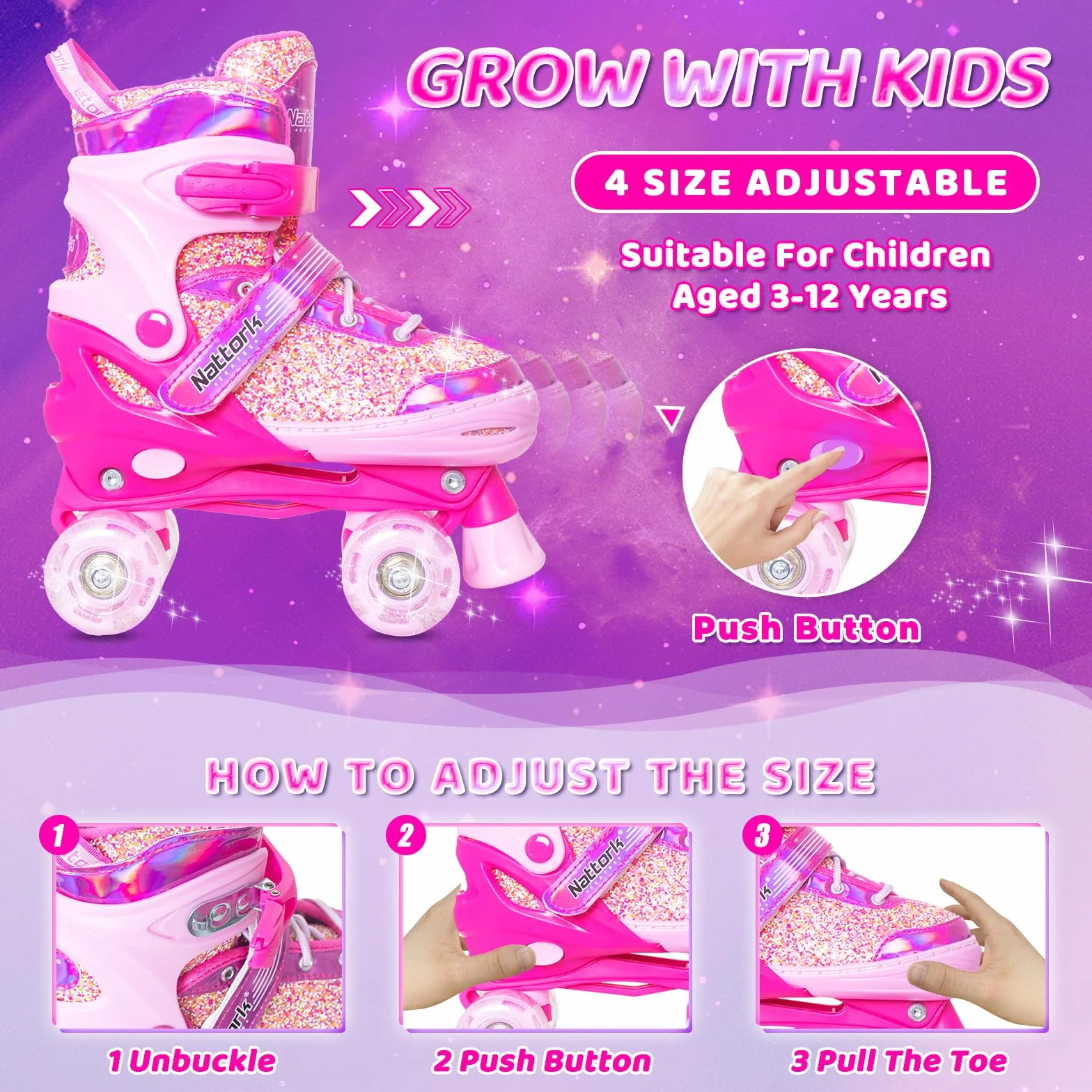 Patins à roulettes réglables 4 tailles filles garçons débutants intérieur extérieur