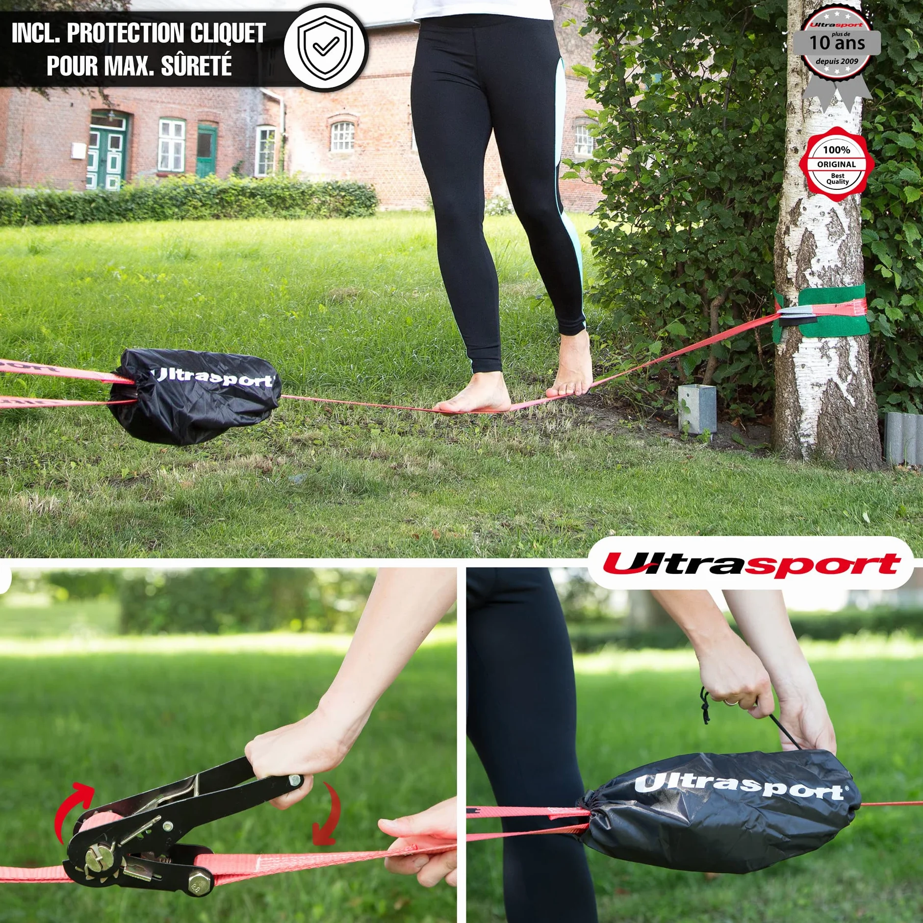 Ultrasport Slackline 15m-25m avec Cliquet et Sac Transport, Jeu Complet Certifié TÜV GS