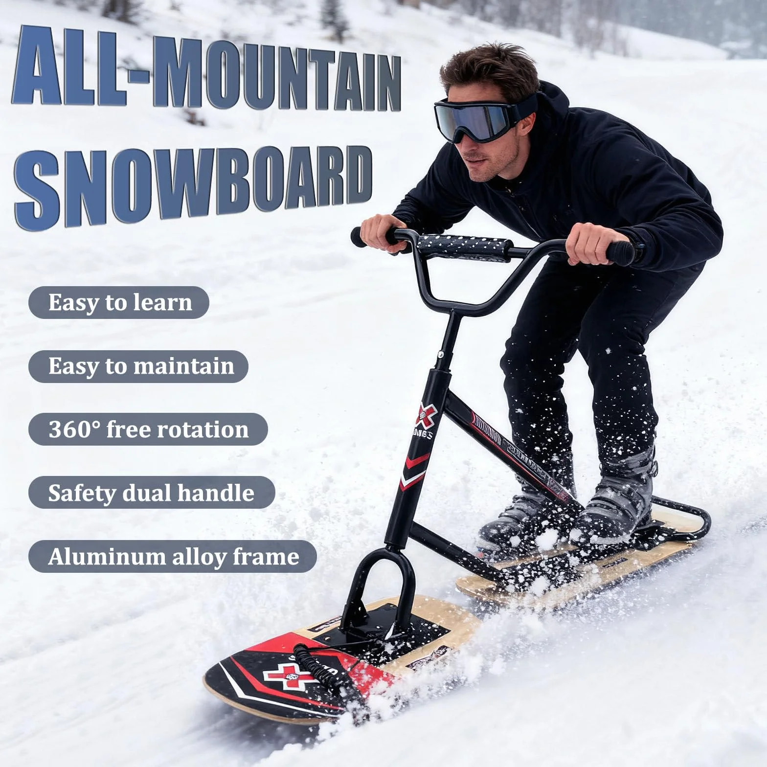 Snow Scooter Adulte Plateau pivotant 360° Double Base Poignée antidérapante Cadre Aluminium Planche Tout-Terrain Noir