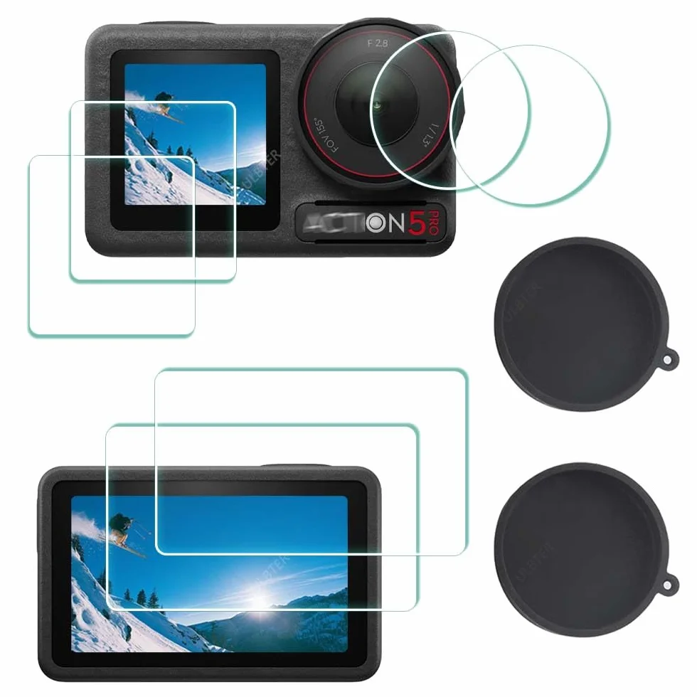ULBTER Protection d'écran DJI Osmo Action 5 Pro + capuchon d'objectif 2+6 pièces 0,3 mm dureté 9H verre trempé anti-rayures