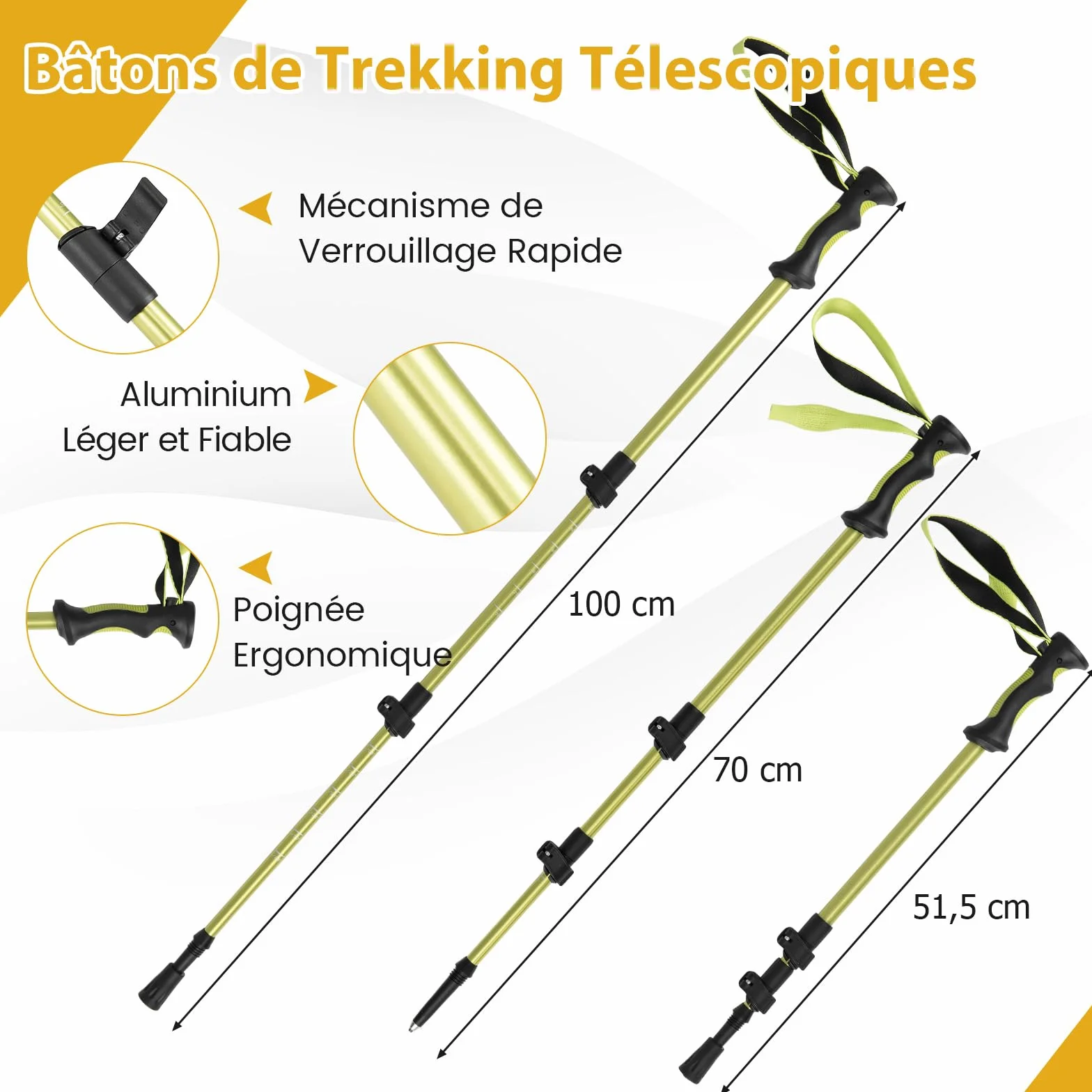 COSTWAY Raquettes à Neige Légères avec Bâtons Trekking Fixations Cliquet Réglables Pointure 26-38/35-45 Charge 90 kg