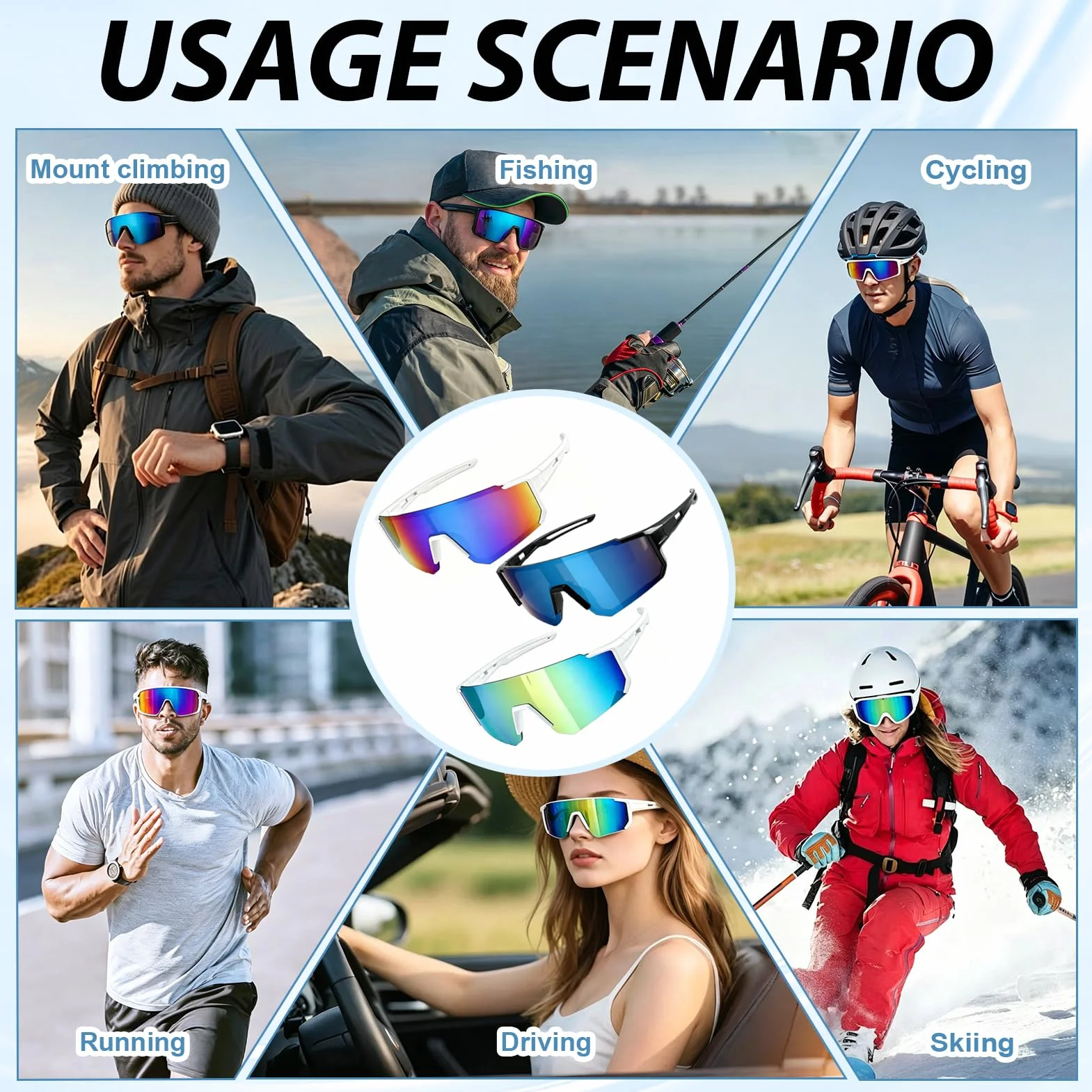 Lunettes de Vélo Non Polarisées Sport UV400 Protection Anti-UV Lot de 3 Homme Femme