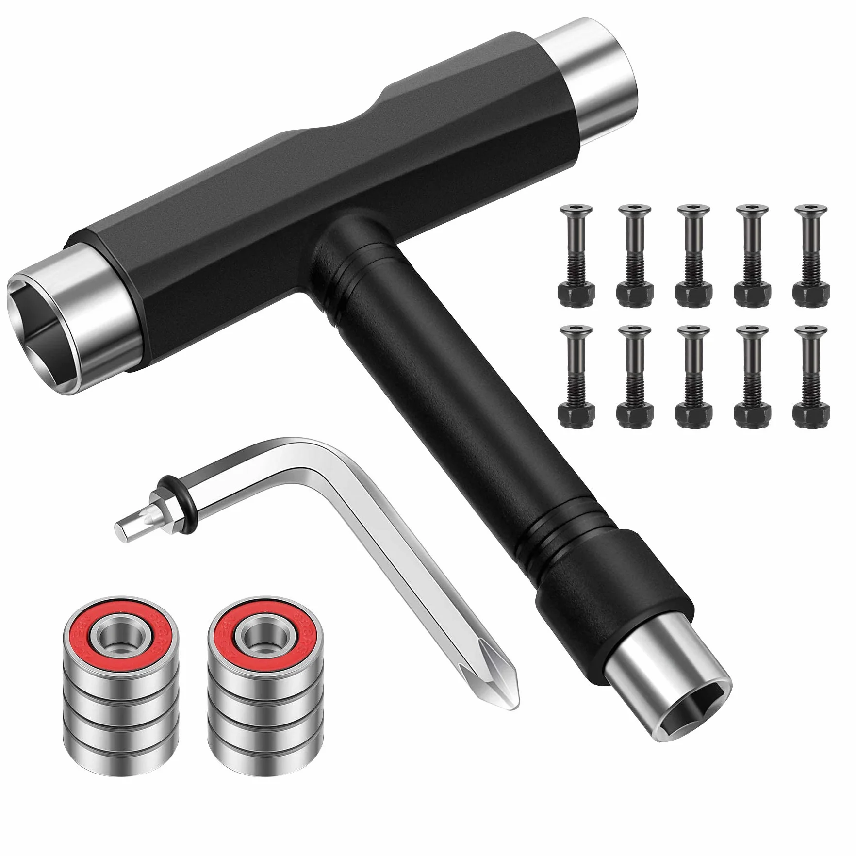 Outils de skateboard tout-en-un, 8 roulements RS608, clé Allen T, tournevis cruciforme, 10 écrous et boulons