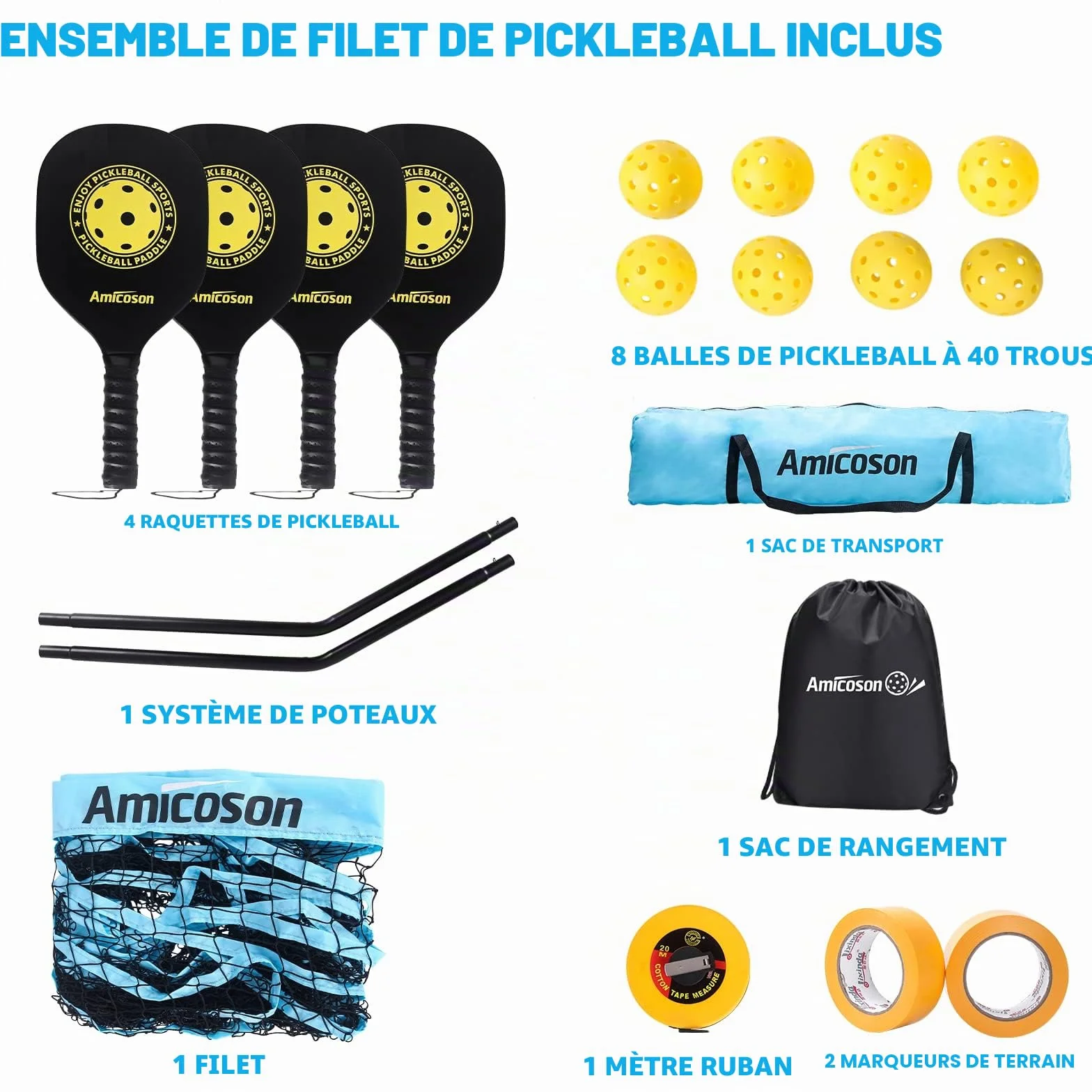 Amicoson Filet de Pickleball Set 22FT en bois pour extérieur avec 4 raquettes, 8 balles, sac de transport
