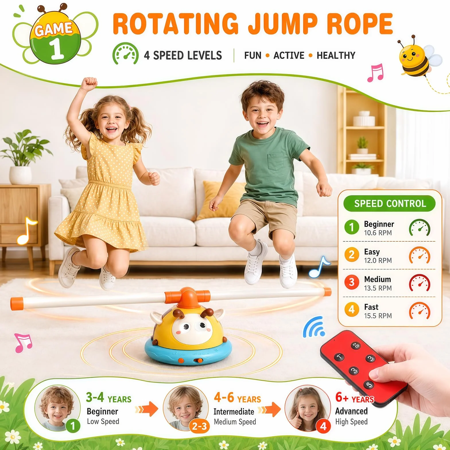 4 en 1 Jeux Extérieur Enfant Fusée, Corde à Sauter, Lancer d'Anneaux, Base-Ball, Jouet Extérieur avec Télécommande Cadeaux Garçons Filles 3-10 Ans