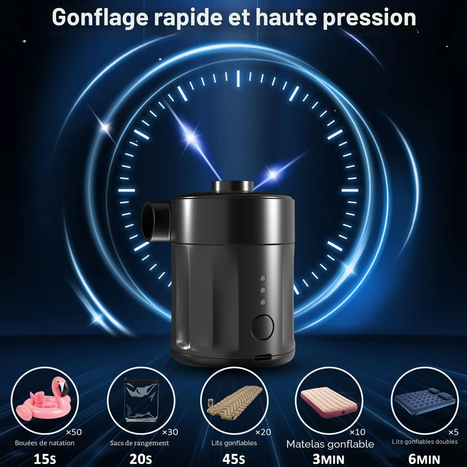 Mojimdo Pompe à Air Électrique Portable Rechargeable 2-en-1 avec 4 Embouts et Sac de Rangement pour Matelas Gonflable, Piscine