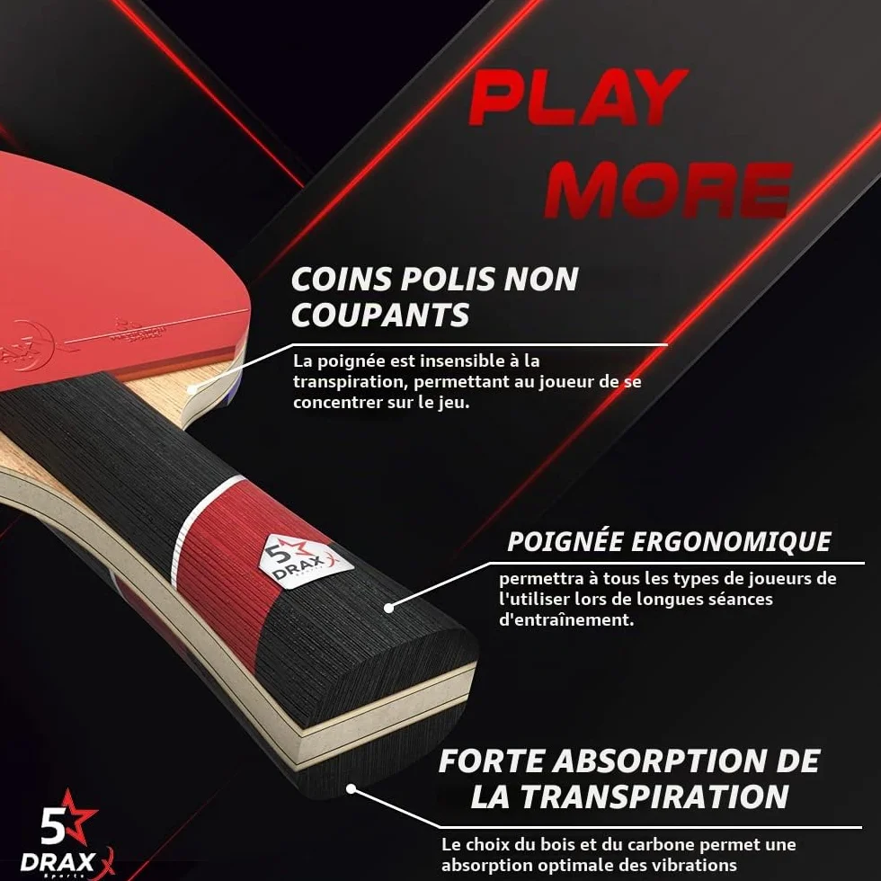Raquette de Ping-Pong Carbone 5 Étoiles, Éponge 2mm, Légère et Rapide