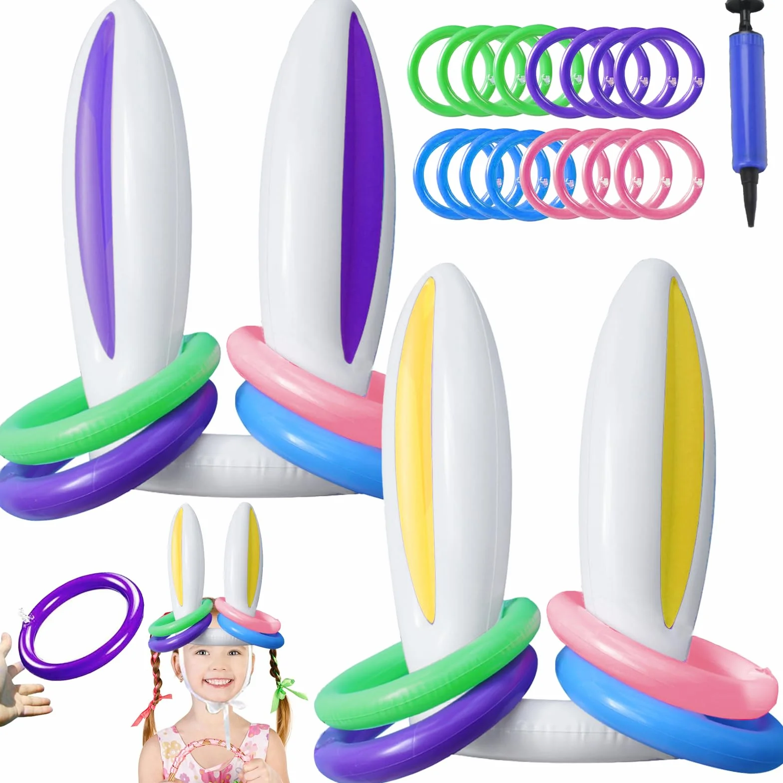 Jeu de Lancer d'Anneaux Gonflable Oreilles de Lapin avec Pompe, Jeu Extérieur Enfant Adulte Piscine Jardin Fête Pâques