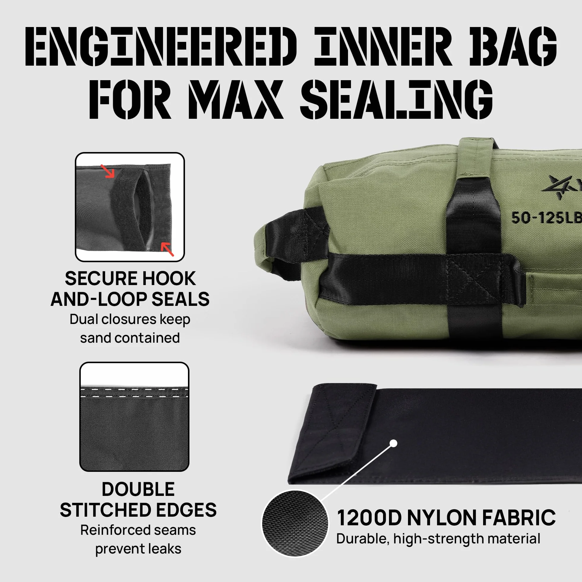 Yes4All Sac de Sable Réglable 7 poignées Power Bag Carolous 2-90 kg Non rempli pour Entraînement Fonctionnel Rucking Crossfit
