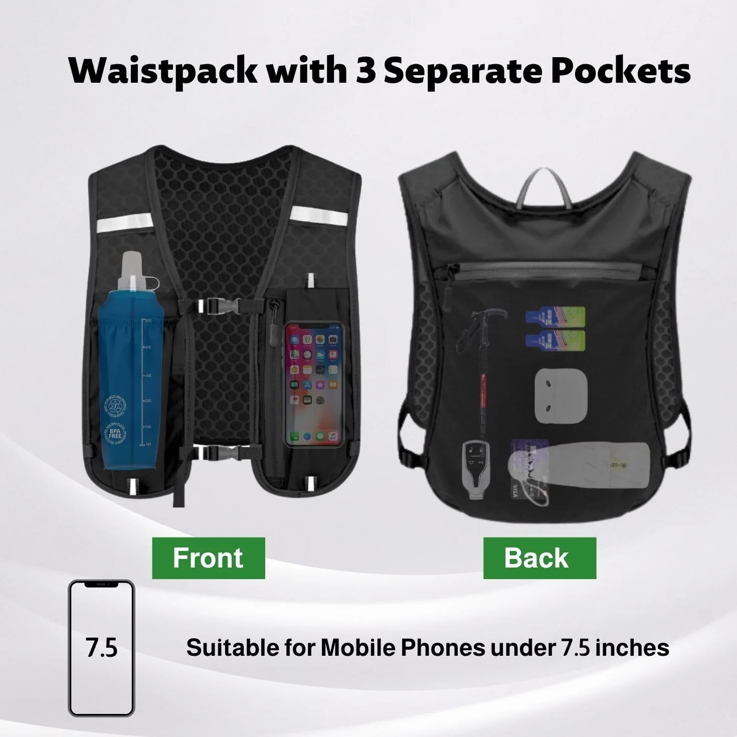 Gilet de course homme femme hydratation 500ml réfléchissant support téléphone portable randonnée cyclisme