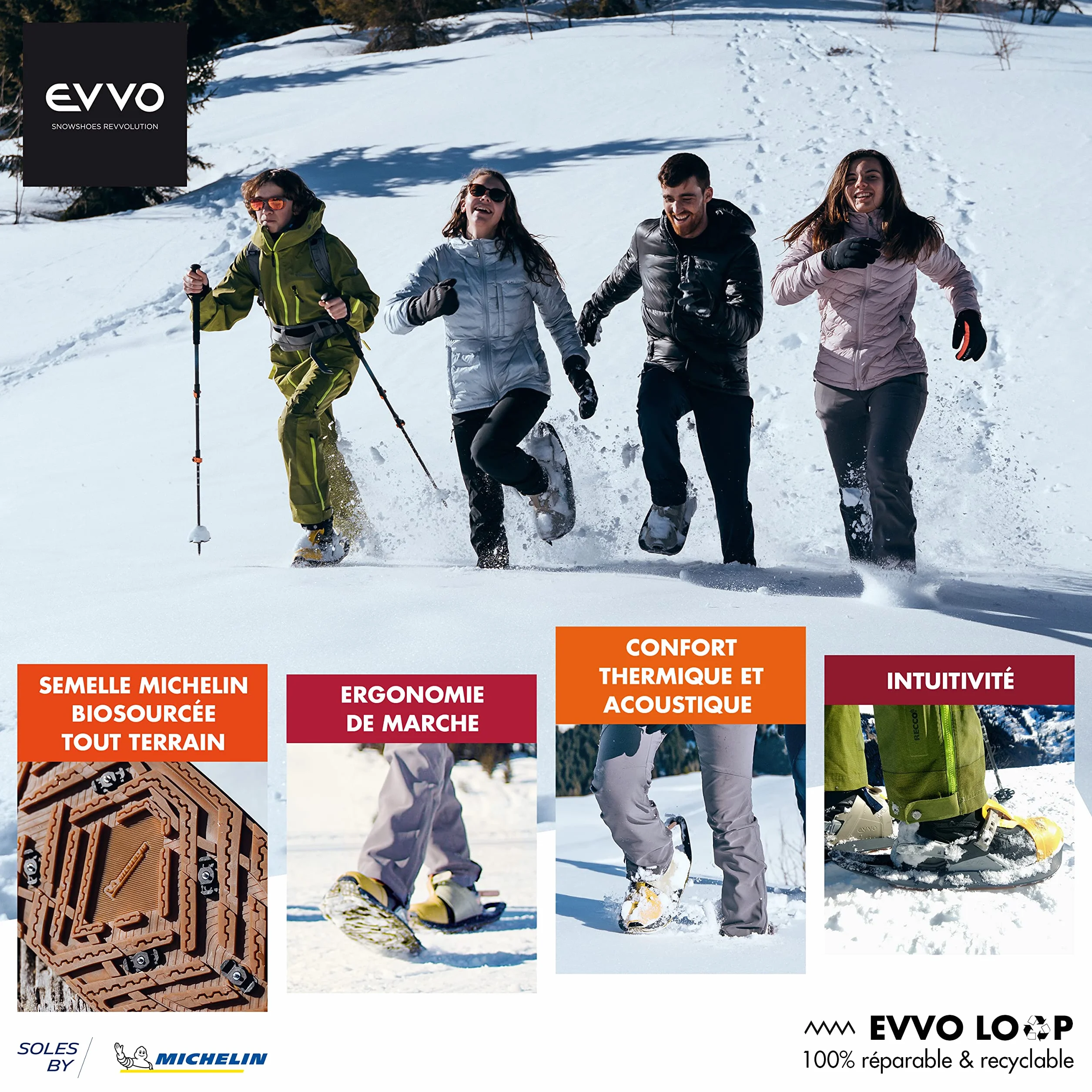 EVVO TOREE Raquette à Neige Made in France Semelles Biosourced90 Cloutées Michelin Fixations Réglables Homme Femme Sac Transport Inclus