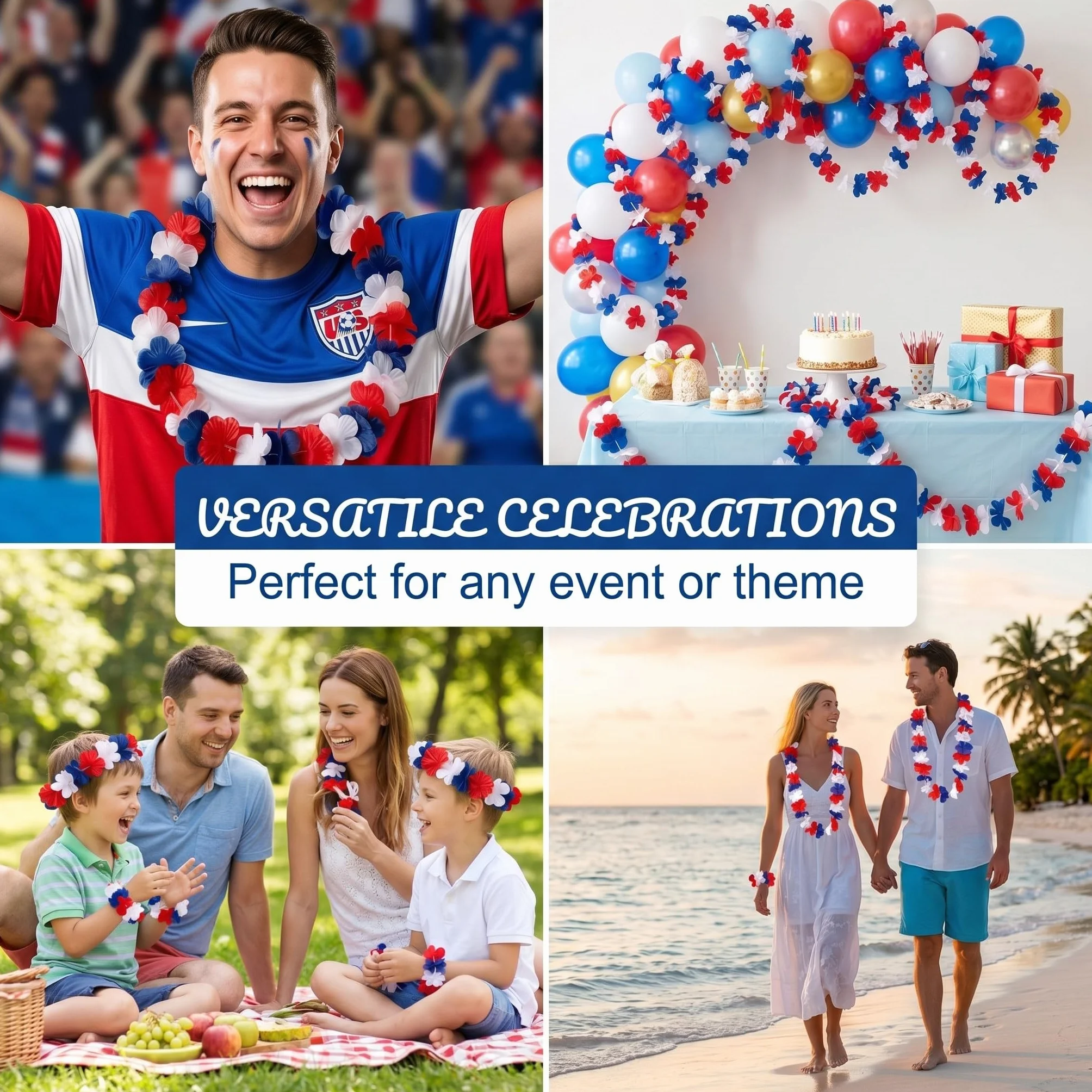 Colliers Hawaiens Fleurs Bleu Blanc Rouge Lot 12 Pièces Accessoire Fête Football France