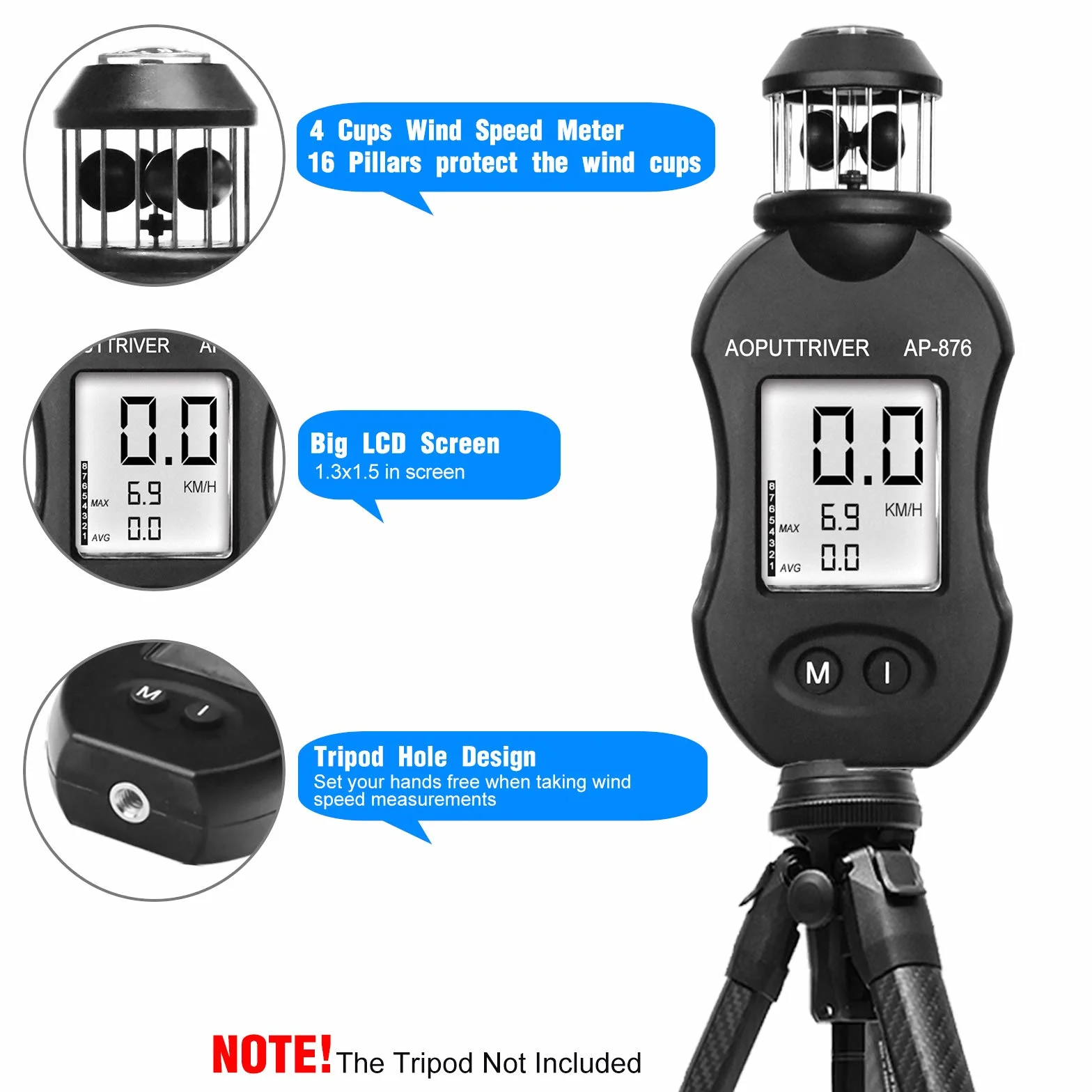 Anémomètre Numérique AP-876 Portable Compteur de Vitesse du Vent pour HVAC