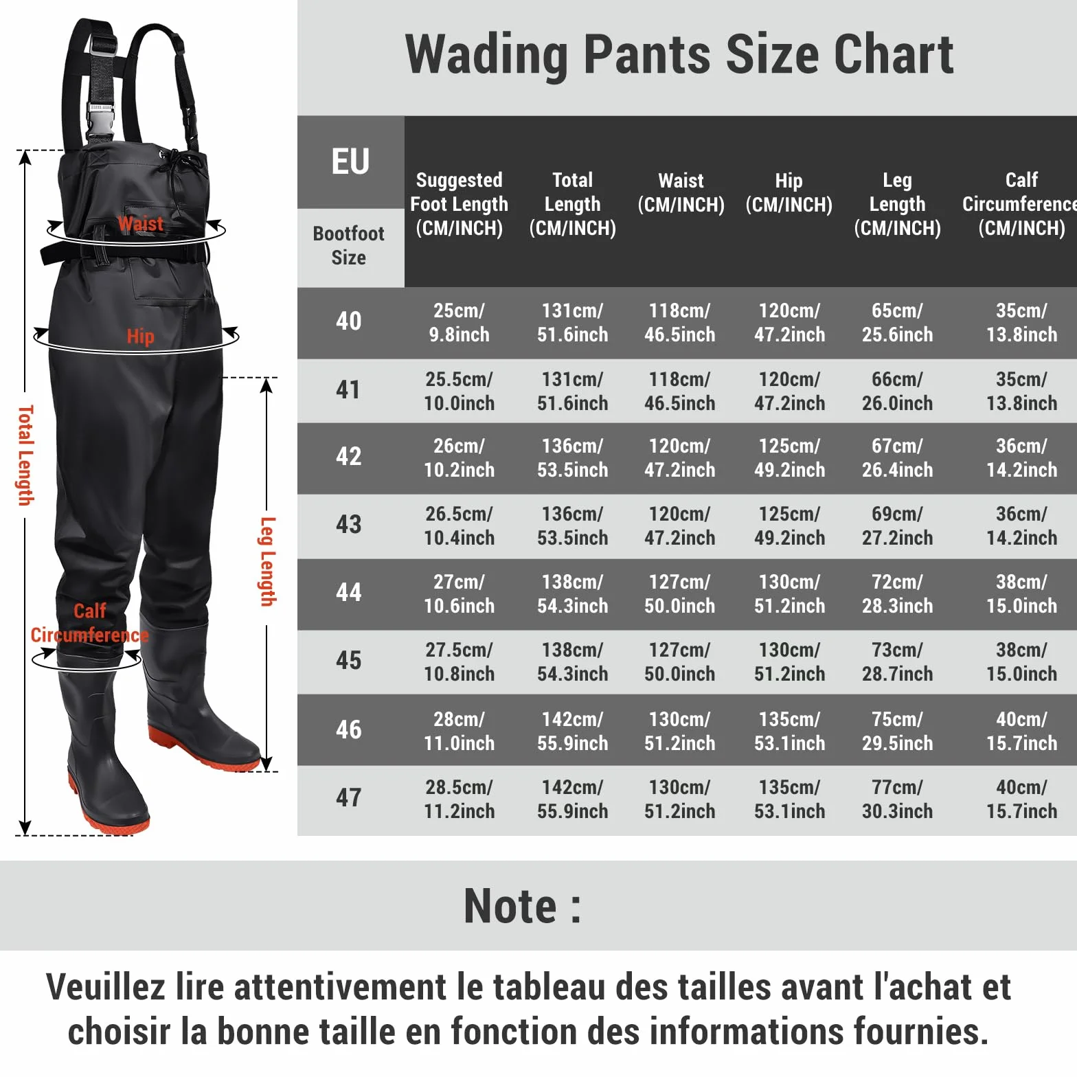 IEEILULU Waders Pêche Homme Pantalons avec Poche Poitrine Nylon Bottes 40-47 Antidérapants