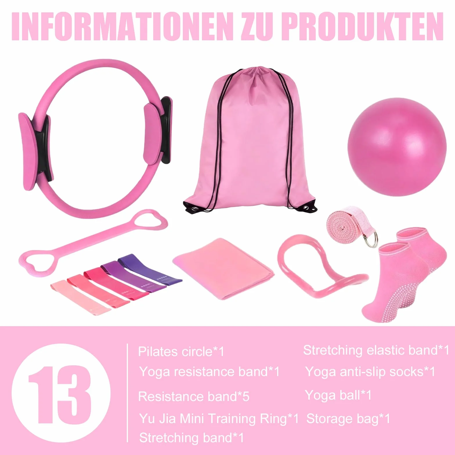 Kit de Pilates 13 Pièces, Ensemble d'Anneau de Pilates avec Ballon de Yoga, Bande de Résistance, Ceinture de Yoga, Chaussettes de Poignée