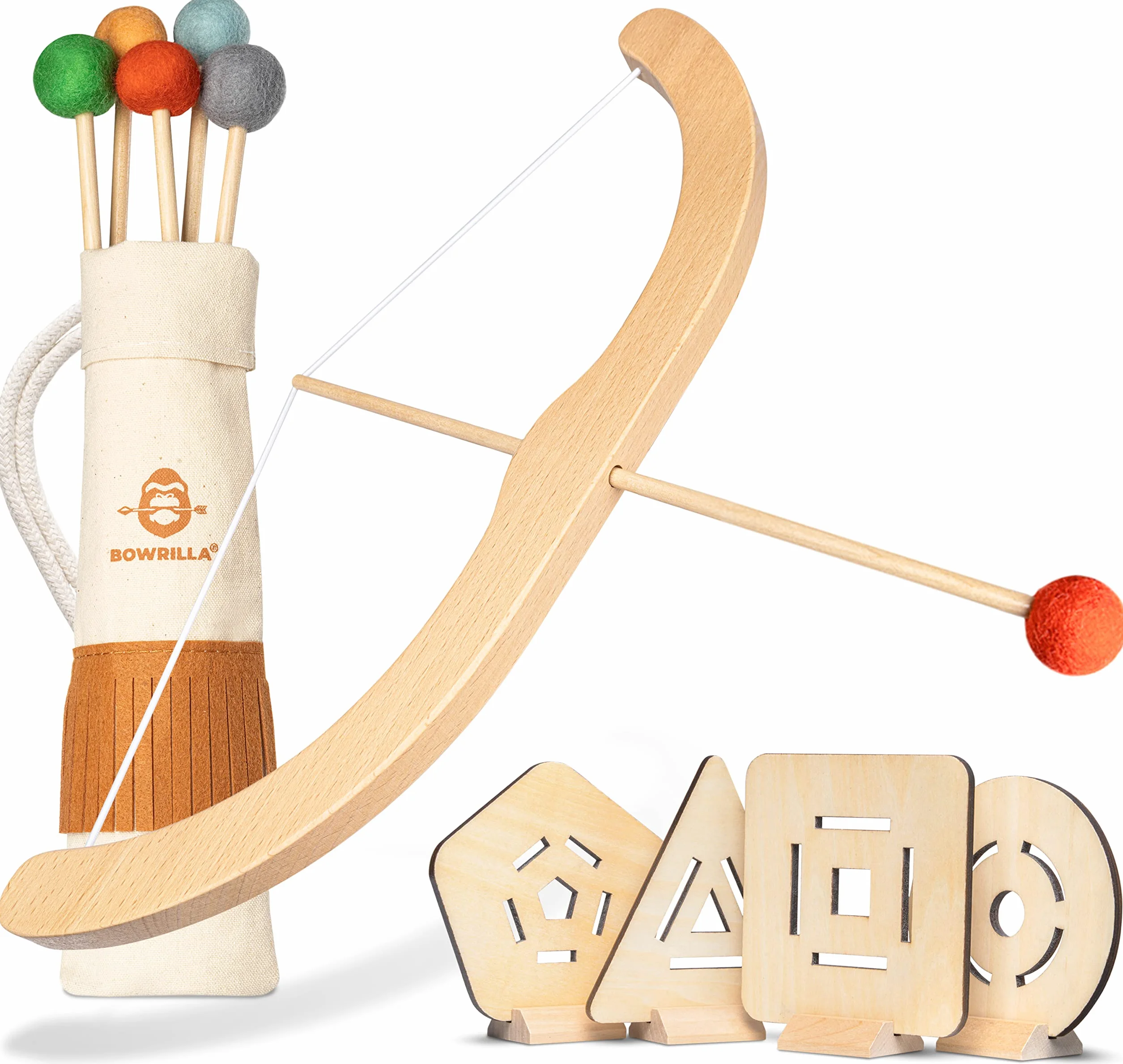 BOWRILLA® Arc et Flèches Enfant en Bois avec 5 Flèches, 4 Cibles et 1 Carquois | 3 LB Tir à l'arc pour Enfant