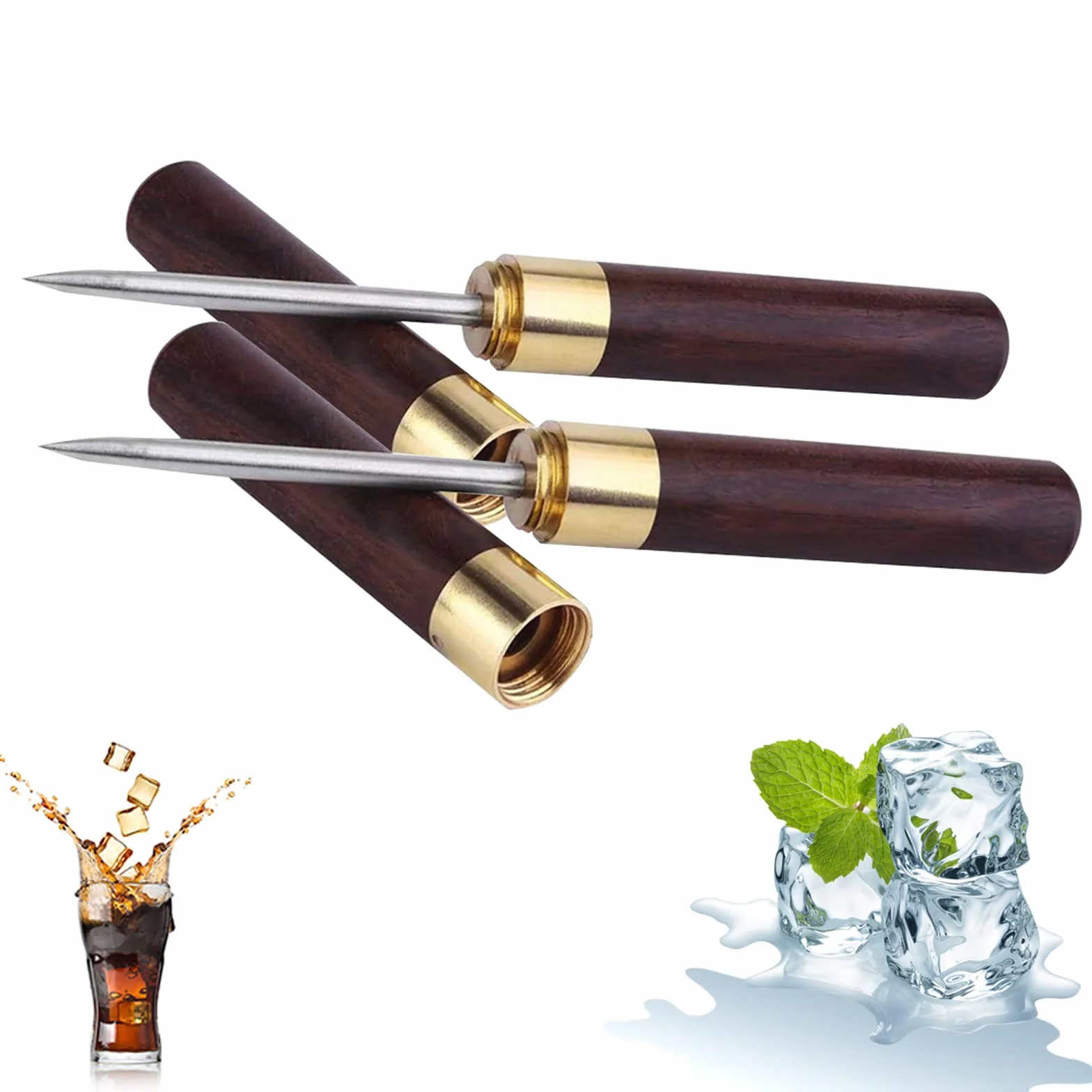 Pic à Glace en Acier Inoxydable avec Manche en Bois, Set de 2 Pièces