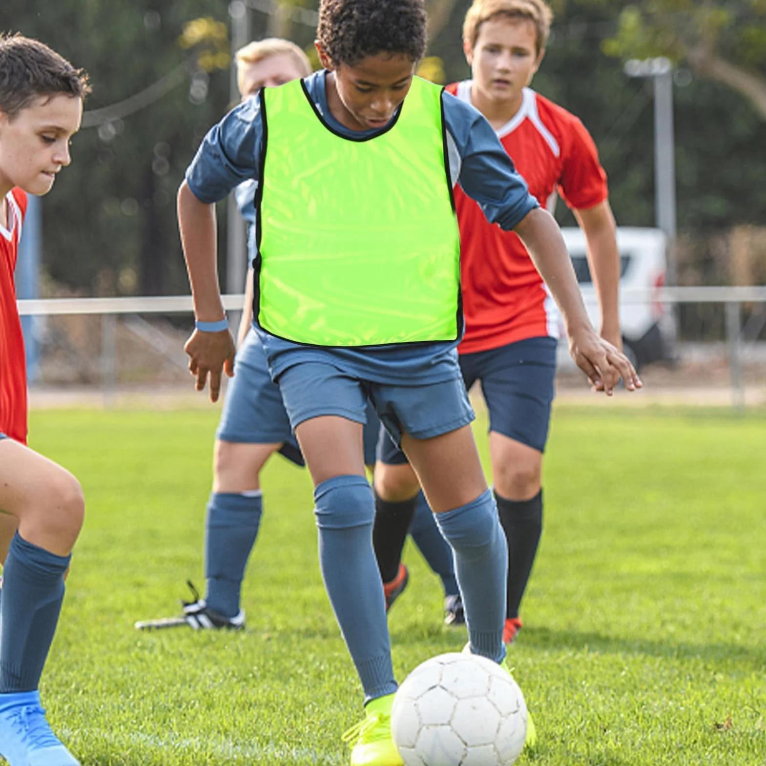 Agatige 5Pcs Débardeur d'Entraînement Enfants Gilets Ballon Dossards sans Manches Col Rond Couleurs Vives Football Rugby Vert