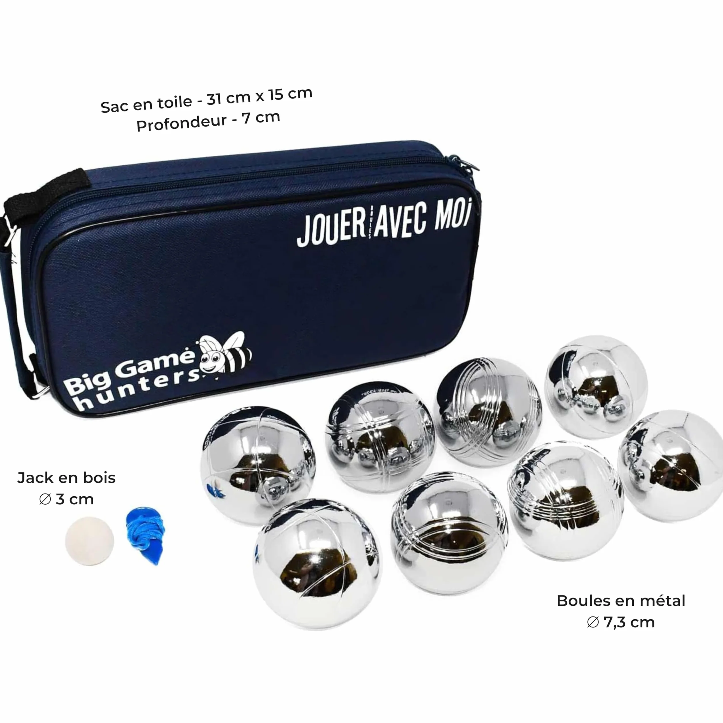Big Game Hunters Set de 8 Boules de Pétanque Antirouille Sacoche Toile Taille Officielle Polies Gravées