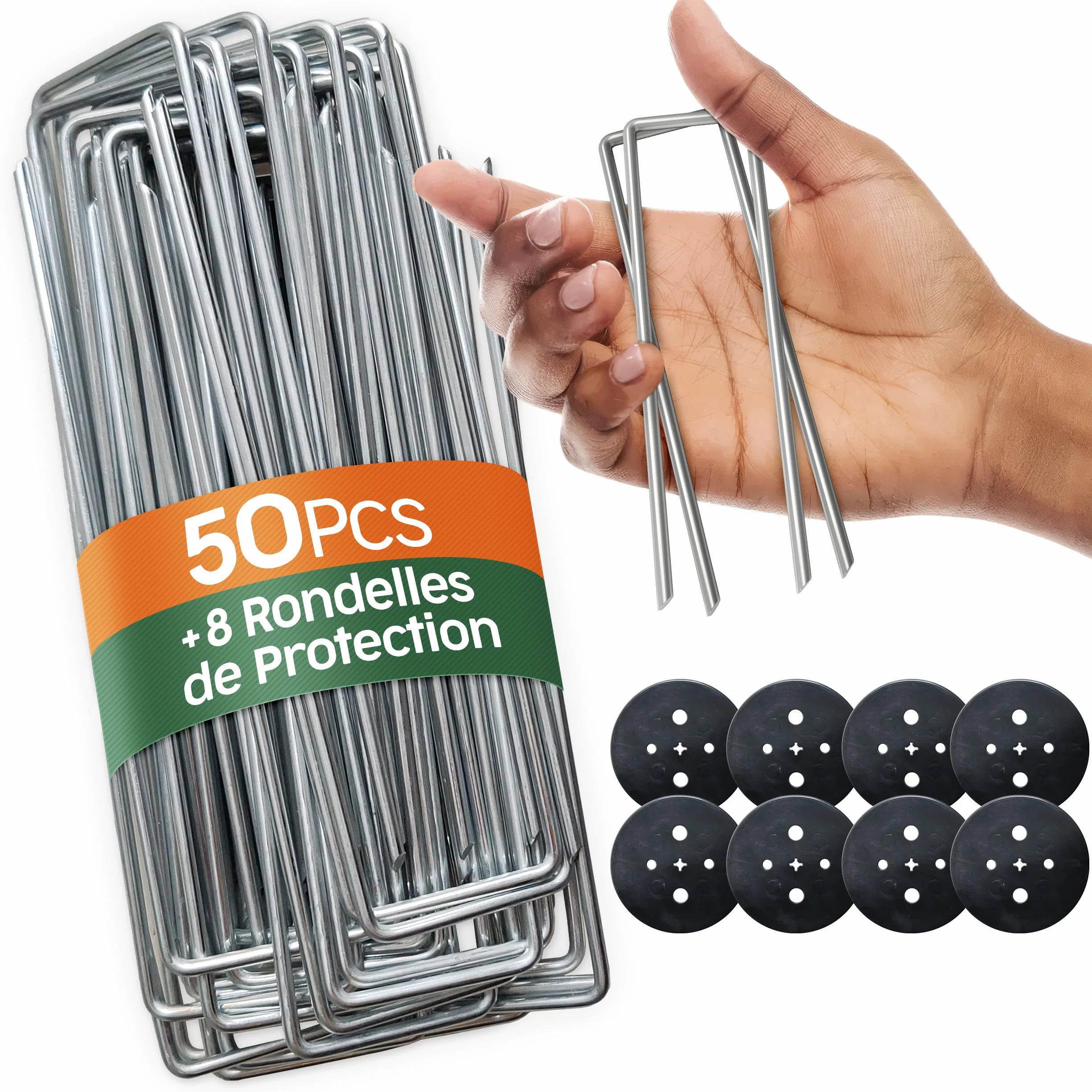 PORTENTUM Agrafes de Jardin 50 pcs + 8 Rondelles – Sardines de Fixation pour Sol Dur