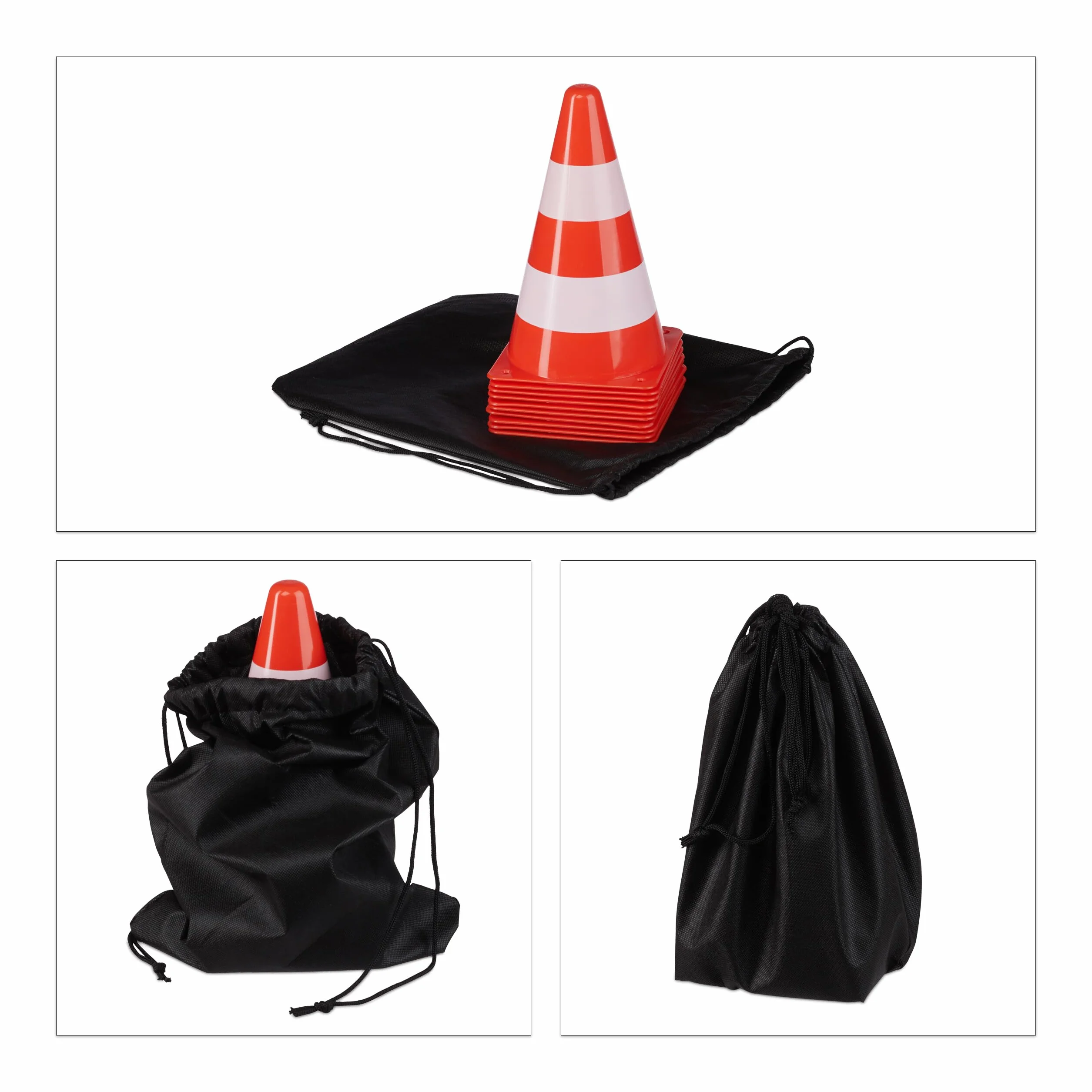 Relaxdays 10x cônes de signalisation, Plot, Sac, Ruban 50 mètres, Hauteur 22,5 cm, Orange et Blanc