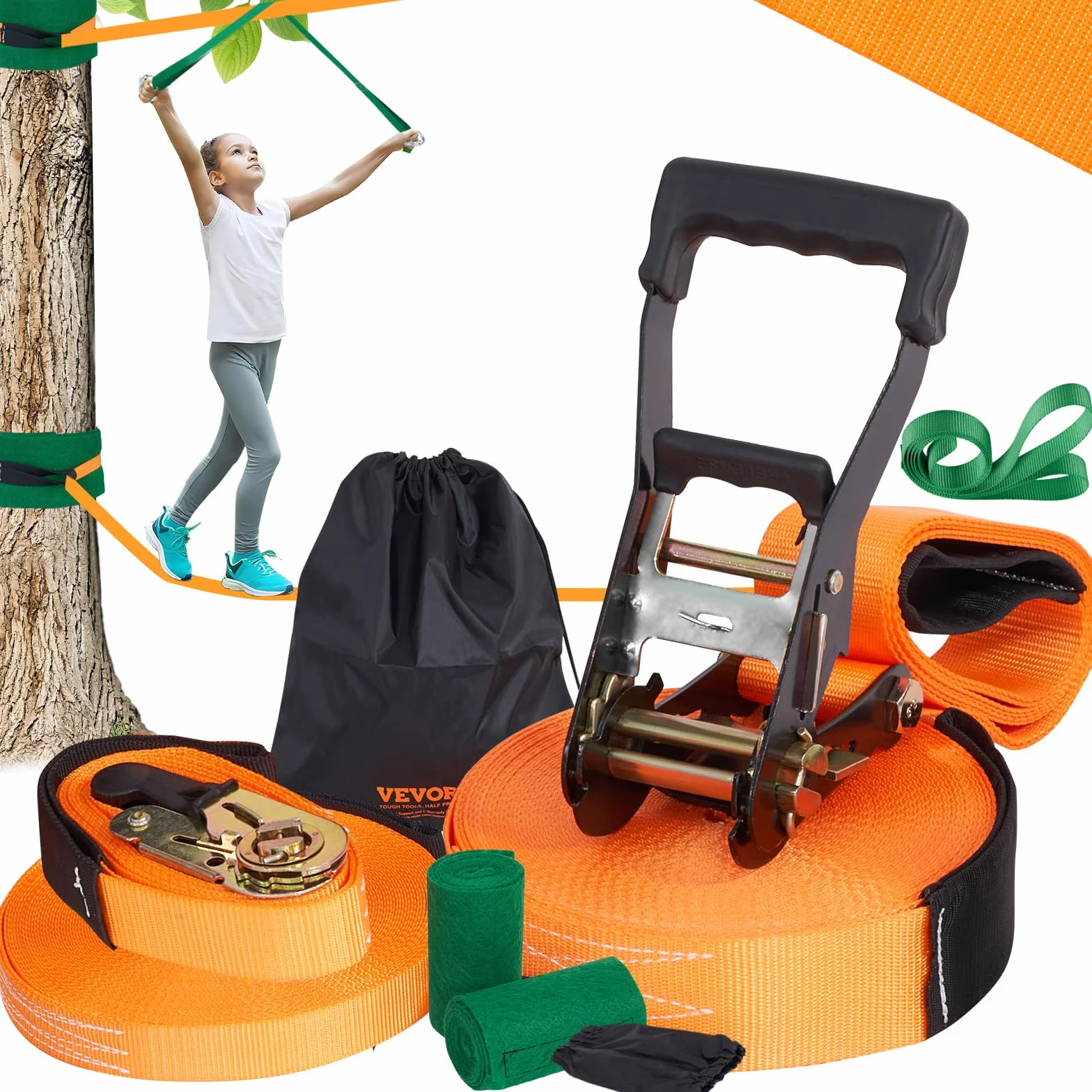 VEVOR Slackline 18,3 m Sangle d'Équilibre 226,8 kg Jeu Complet avec Protecteur d'Arbres