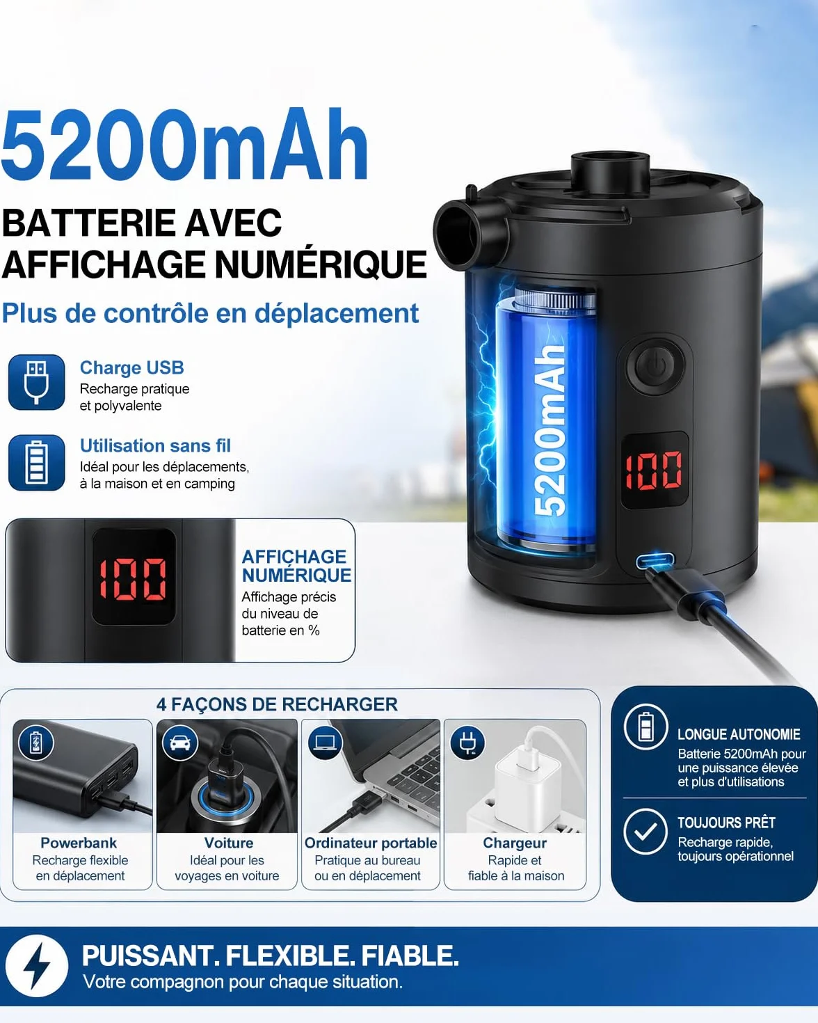 Pompe à Air Électrique Rechargeable 5200 mAh 280 L/Min avec Écran Numérique, Gonfleur Rapide Portable pour Matelas et Piscine