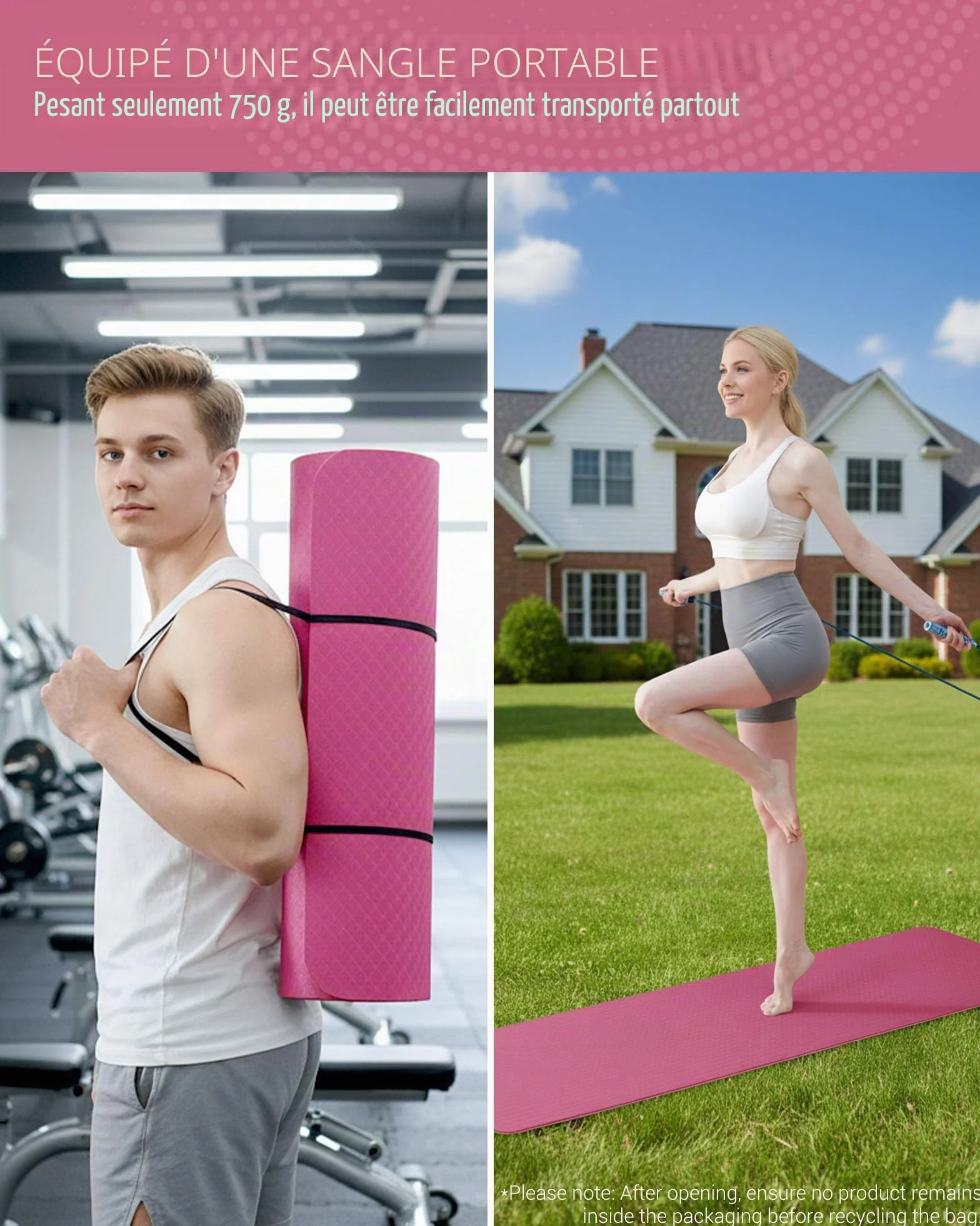 Good Nite Tapis de Yoga Antidérapant Fitness Pilates avec Sangle 183 x 61 x 0,6 cm