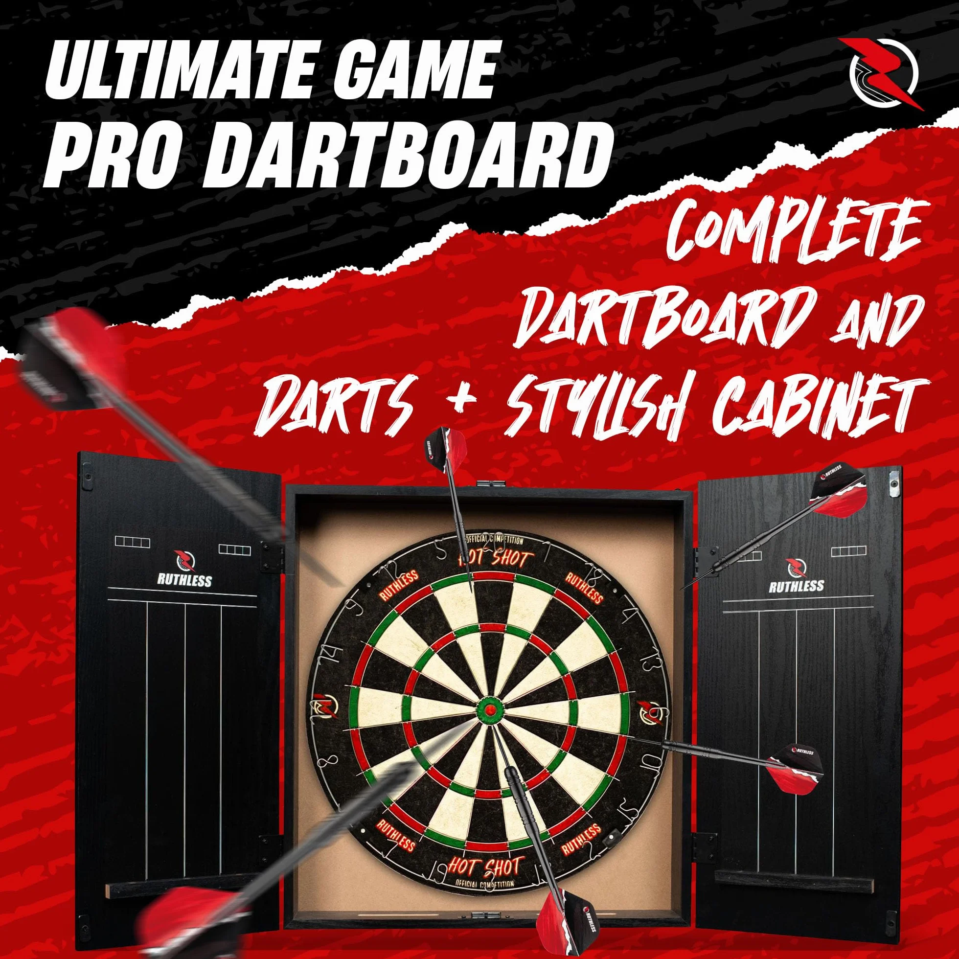 Cible de fléchettes avec armoire Ruthless Home Darts Centre CAB518 2 jeux de fléchettes