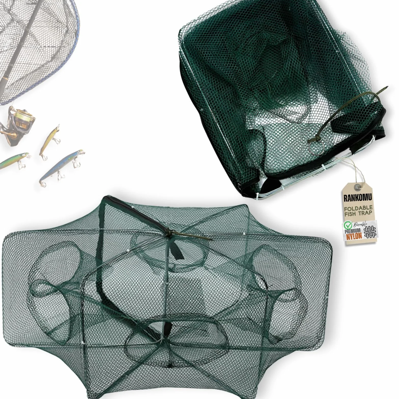 Nasse à Poisson 6 Trous – Filet de Pêche Automatique Pliable, Nasse à Écrevisses 58x22cm 150g