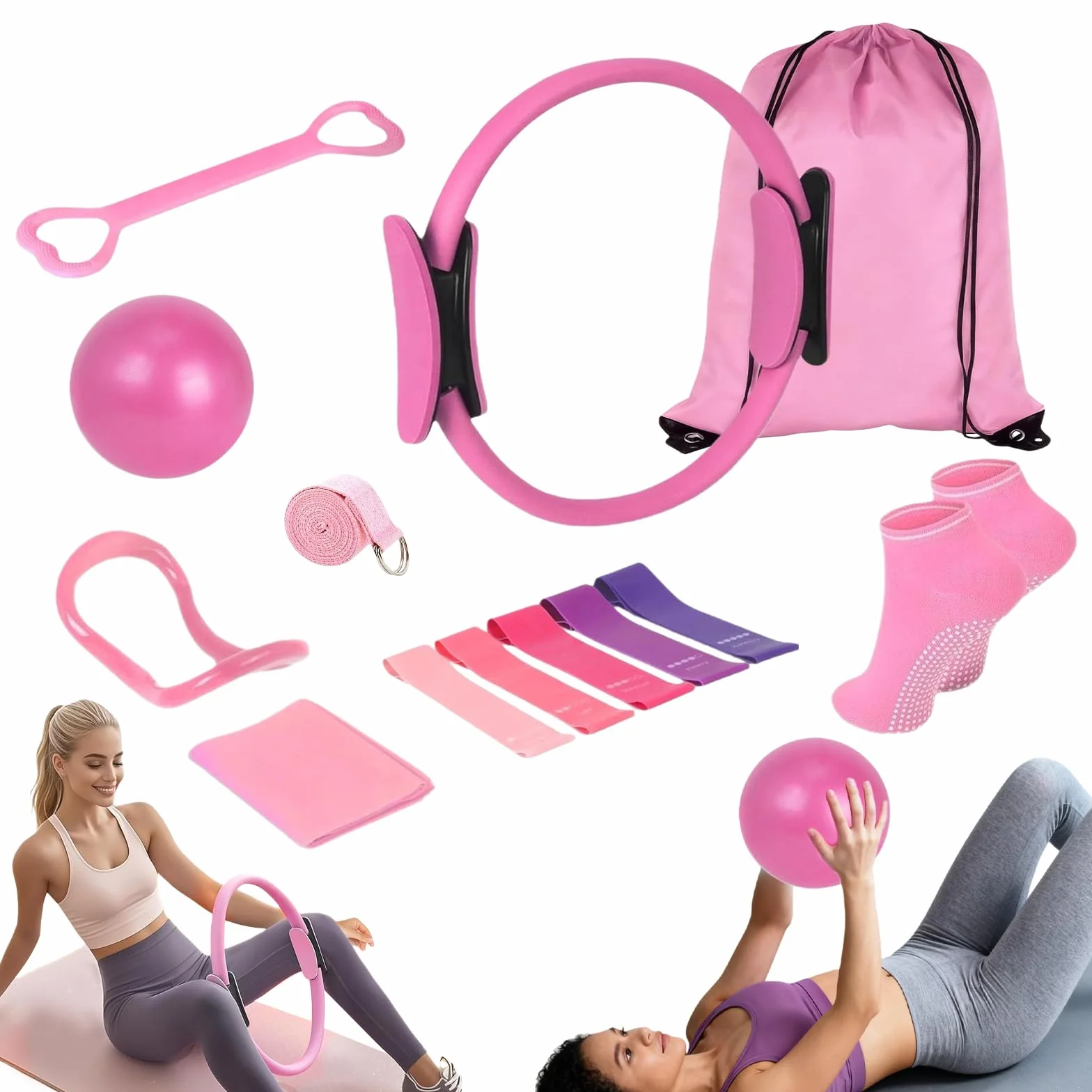 Kit de Pilates 13 Pièces, Ensemble d'Anneau de Pilates avec Ballon de Yoga, Bande de Résistance, Ceinture de Yoga, Chaussettes de Poignée