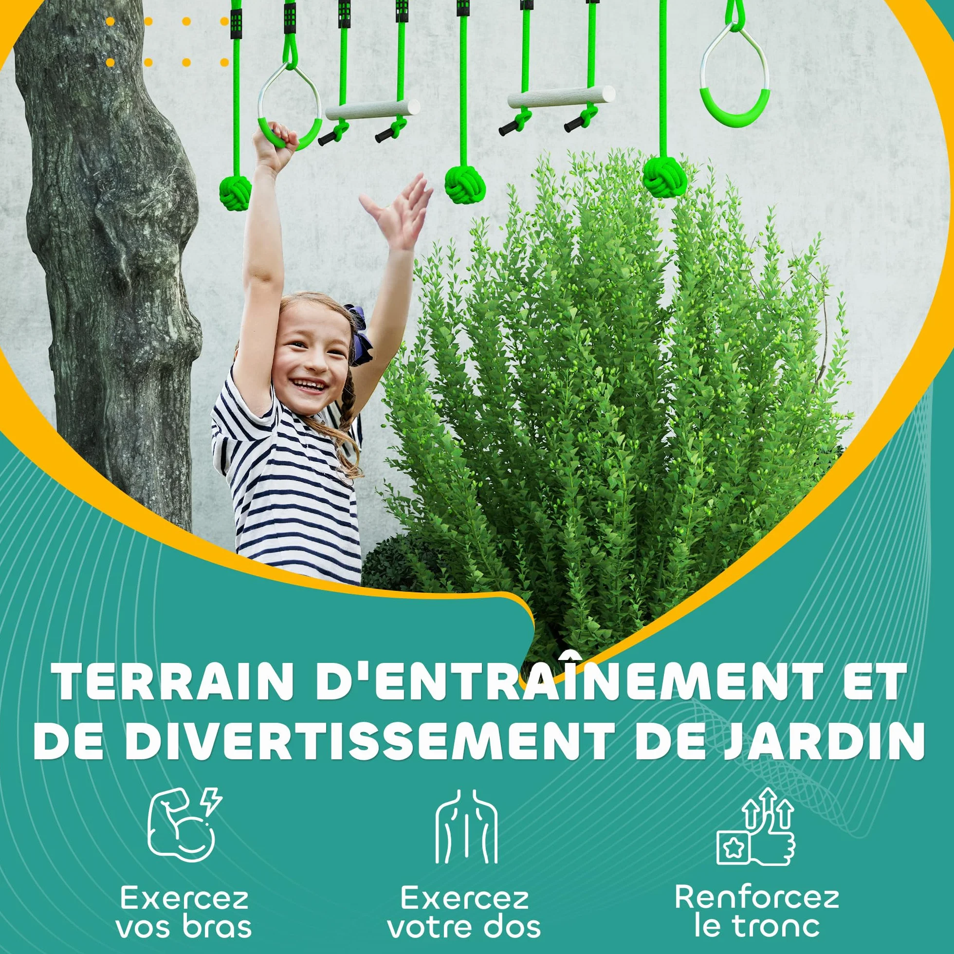 AIYAPLAY Parcours d'obstacles Ninja pour Enfants 10 m 50 kg Slackline Sac de Transport Bois de Sapin PP Vert
