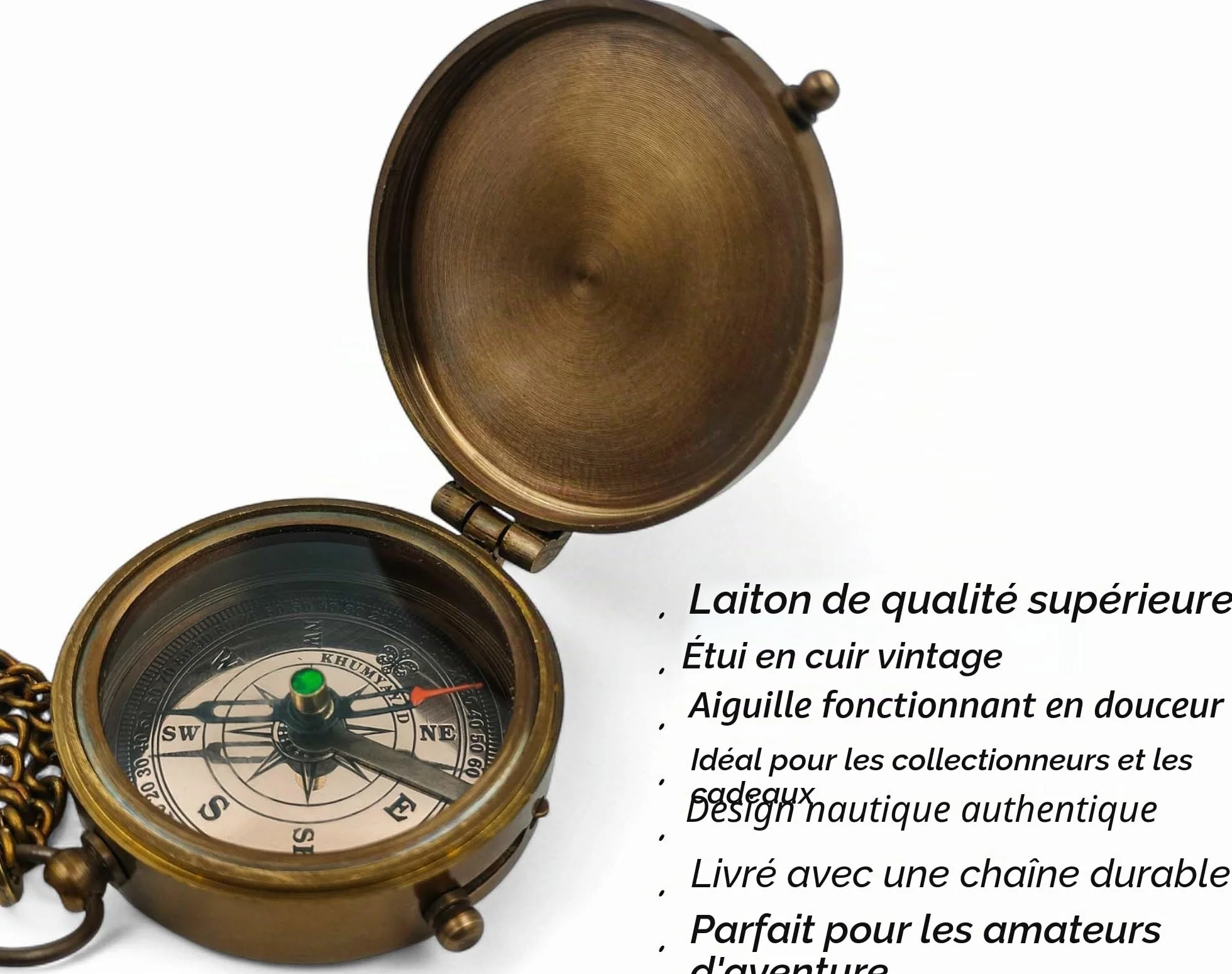 Boussole de Poche en Laiton Antique Nautique Steampunk avec étui en Cuir