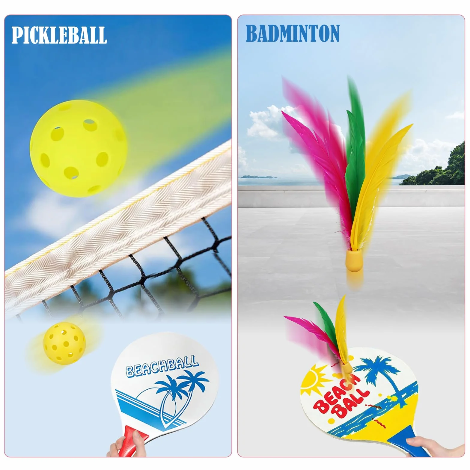 Set de Beachball Raquettes de Plage en Bois 2 Raquettes 2 Peak Ball 2 Volants
