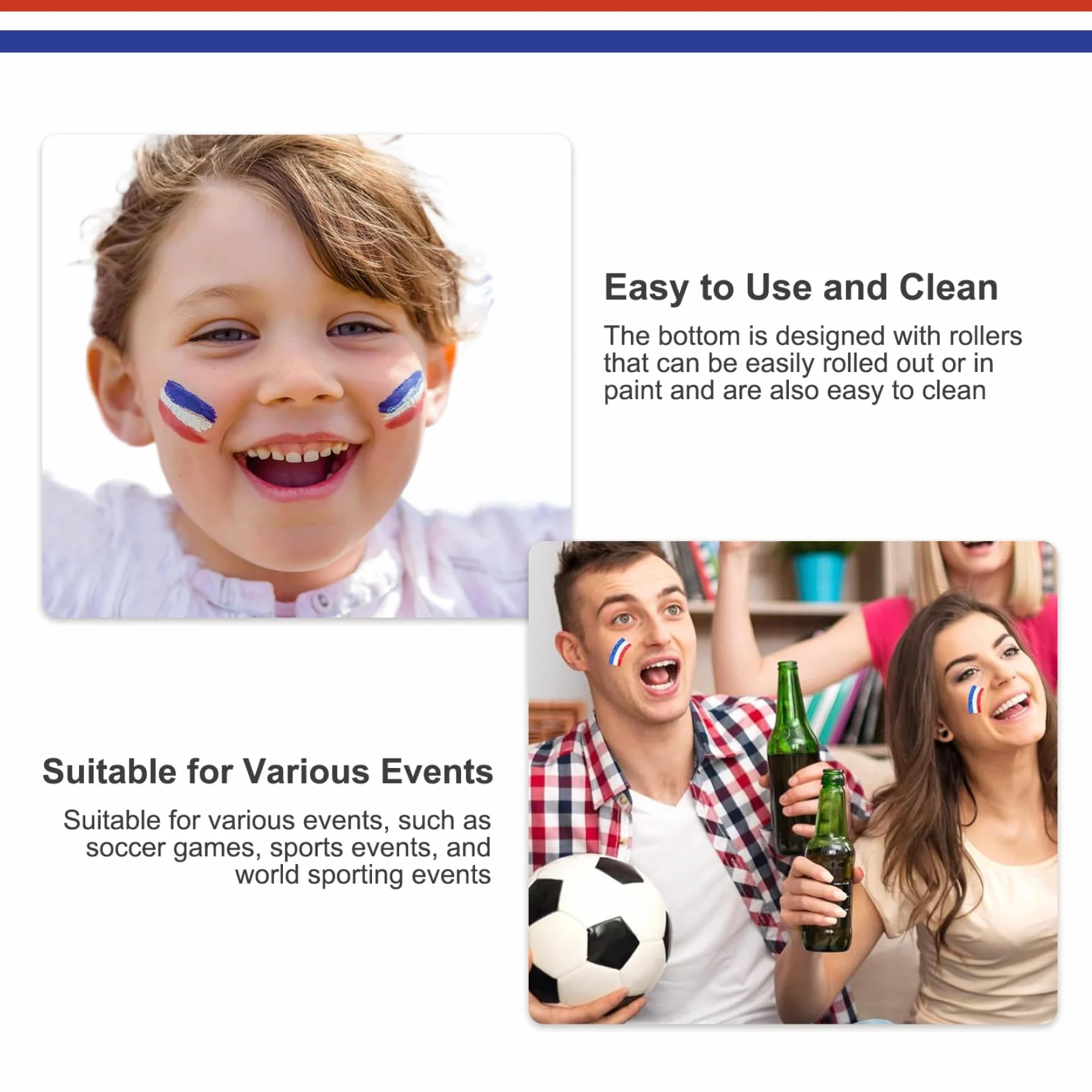 Bâton de peinture visage 3 pièces motif drapeau France maquillage rouge blanc bleu football