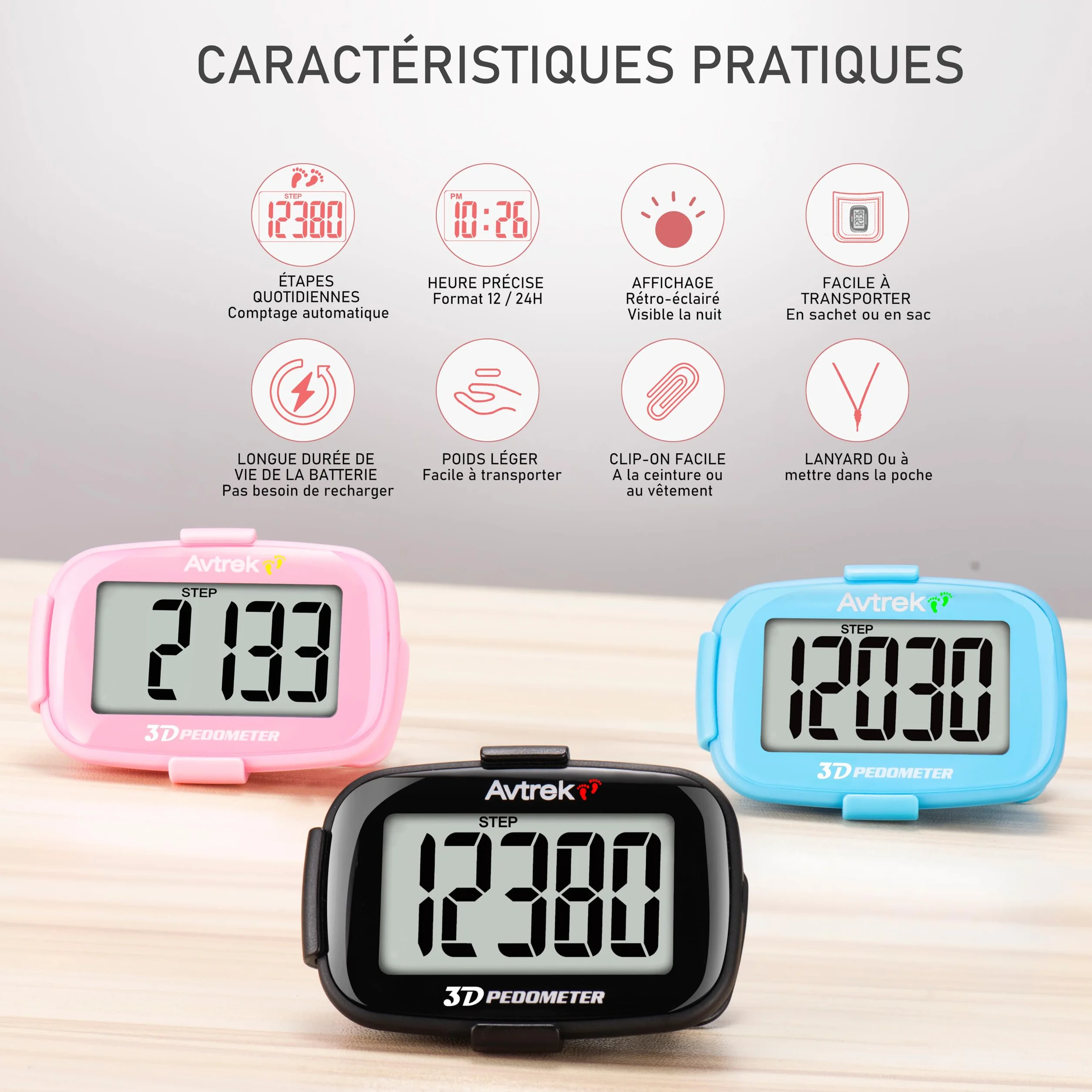 AVTREK Compteur de Pas 3D précis pour Marche écran géant podomètre numérique Course Affichage Temps rétroéclairage LED