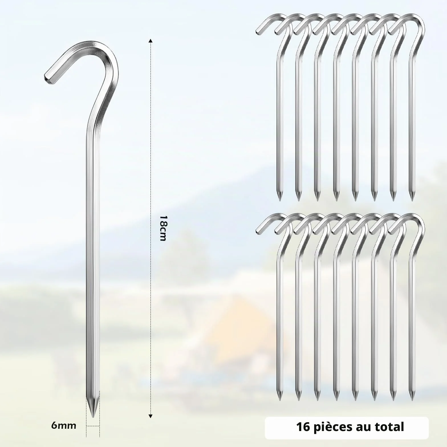 Lot de 16 piquets de tente en aluminium 18 cm, accessoires de camping