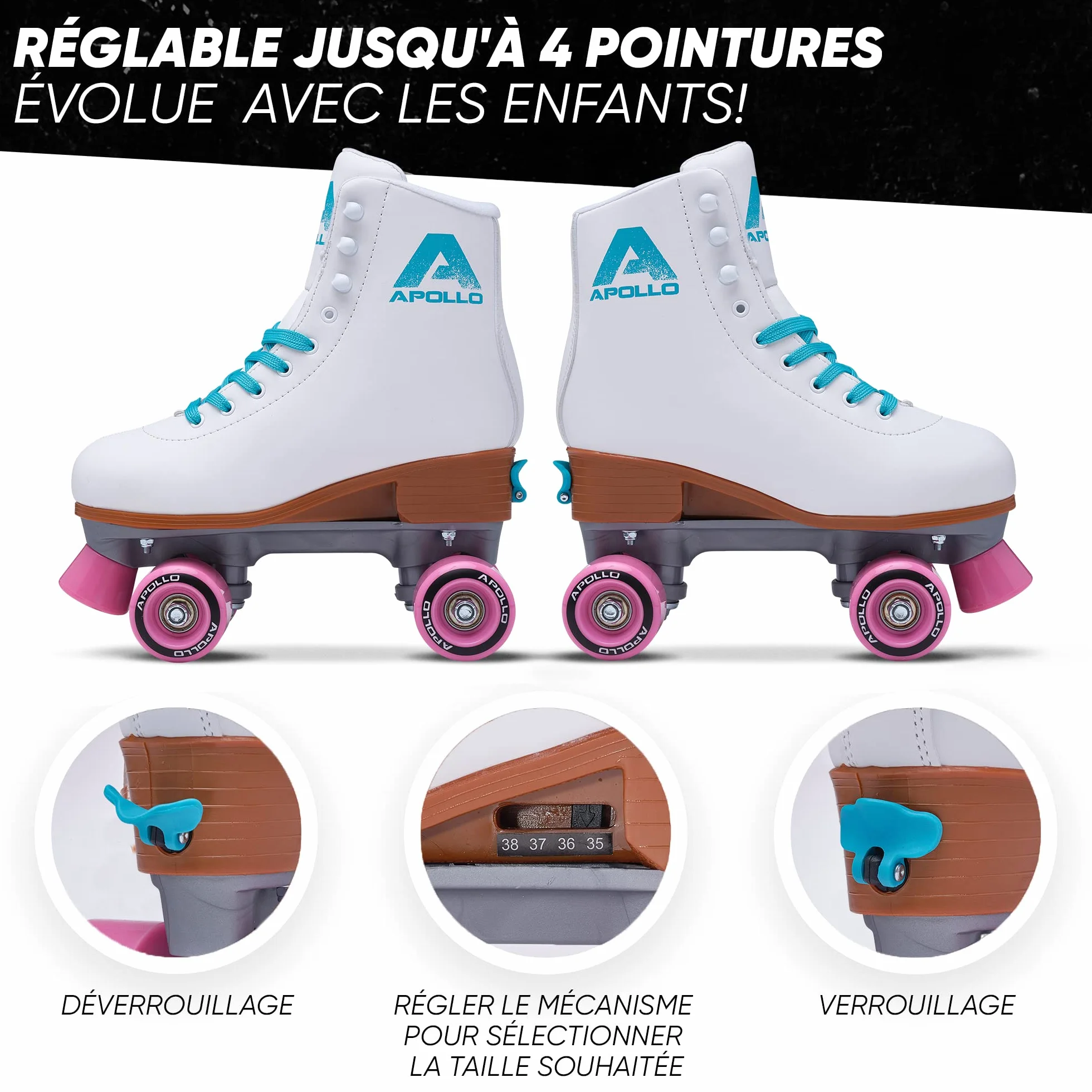 Apollo Patins à roulettes Fille Garçon 4 Roues 3 Tailles Réglables 31-42