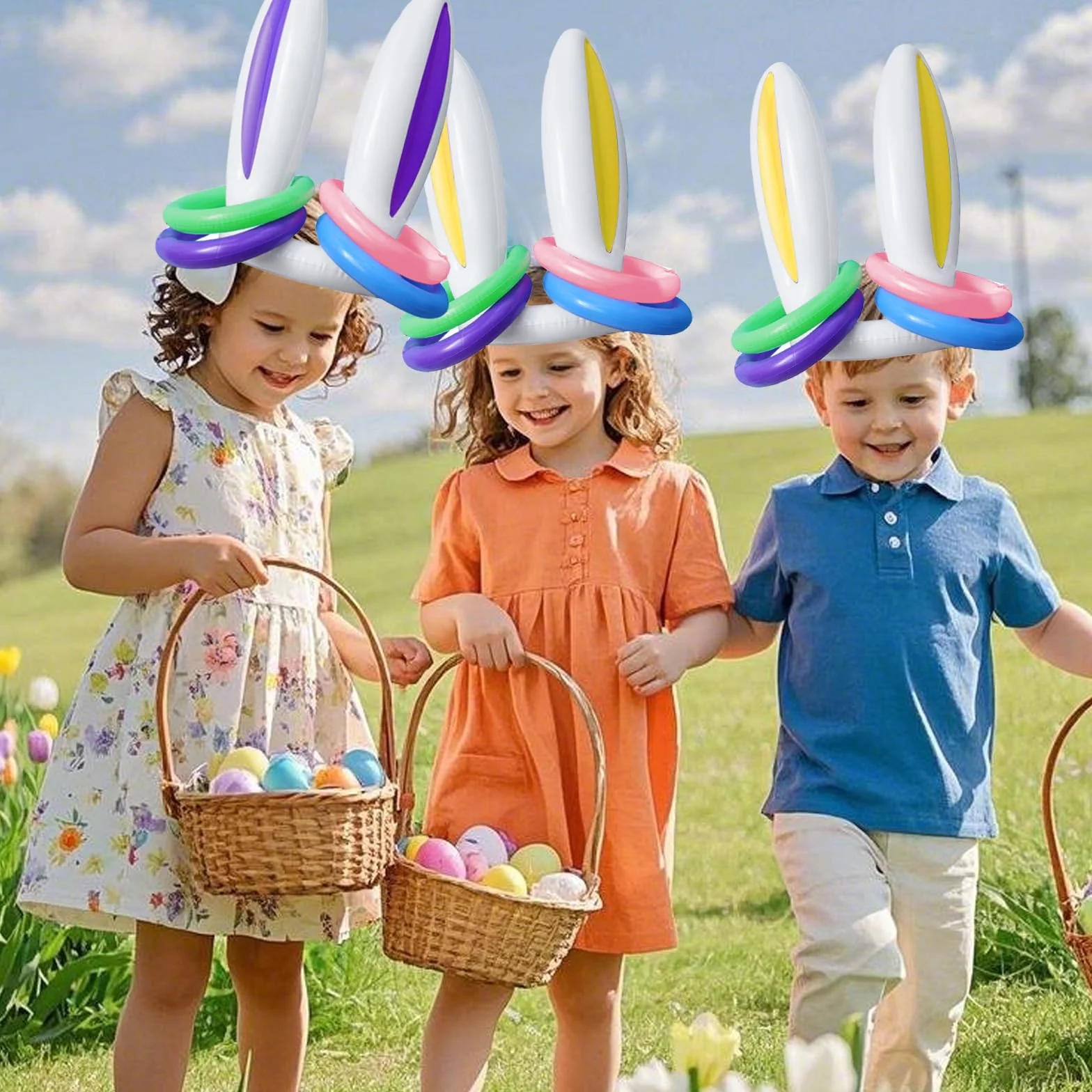 Jeu de Lancer d'Anneaux Gonflable Oreilles de Lapin avec Pompe, Jeu Extérieur Enfant Adulte Piscine Jardin Fête Pâques