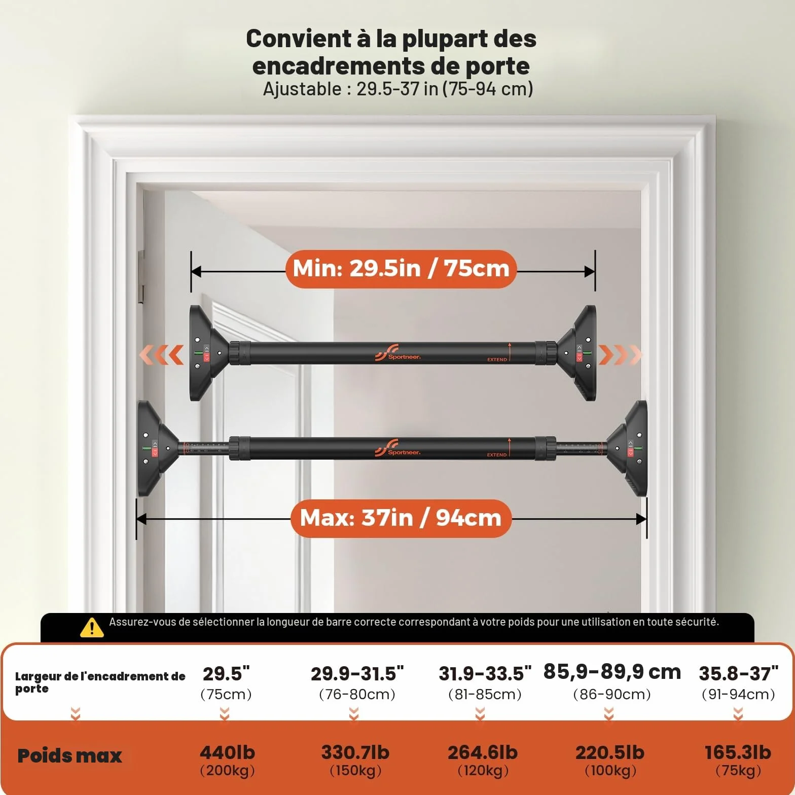 Sportneer Barre de Traction pour Porte sans vis réglable 75-94 cm 200 kg