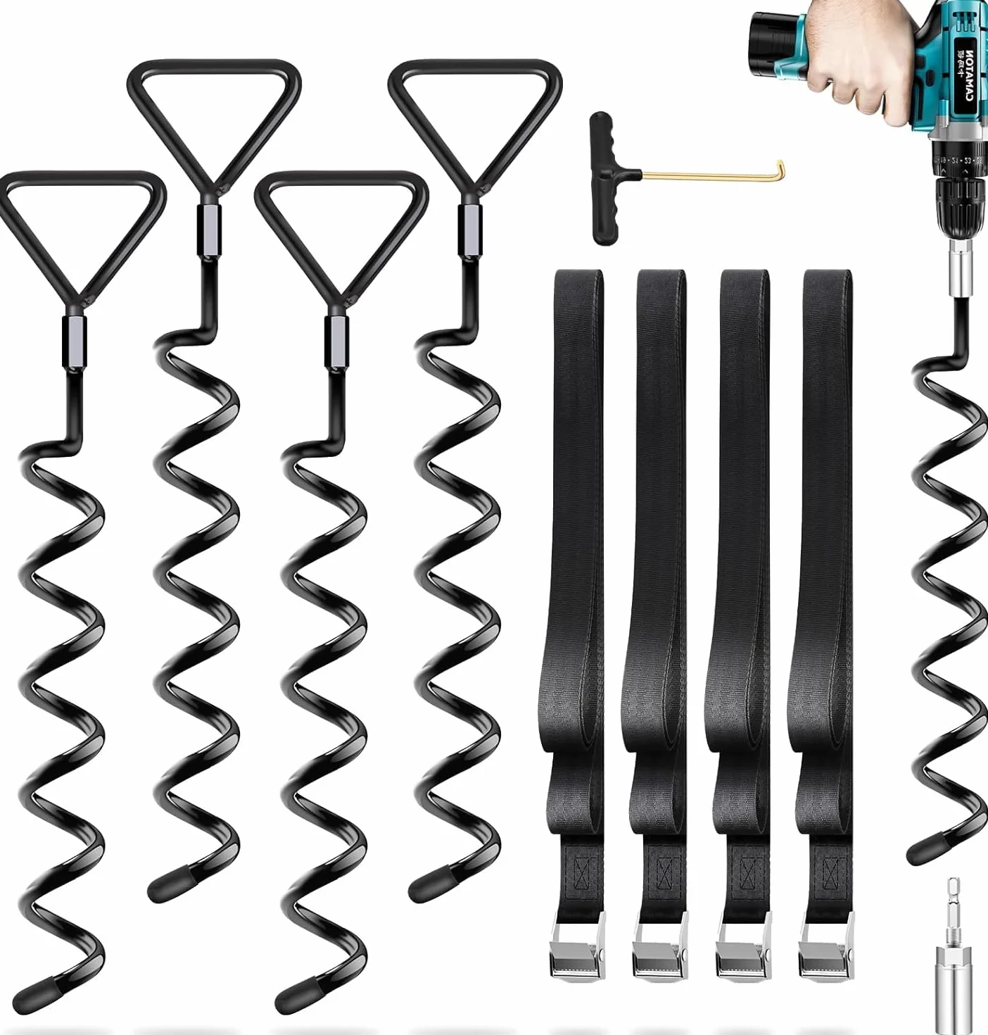 Lot de 4 piquets d'ancrage au sol pour trampoline Heavy Duty à visser avec sangles